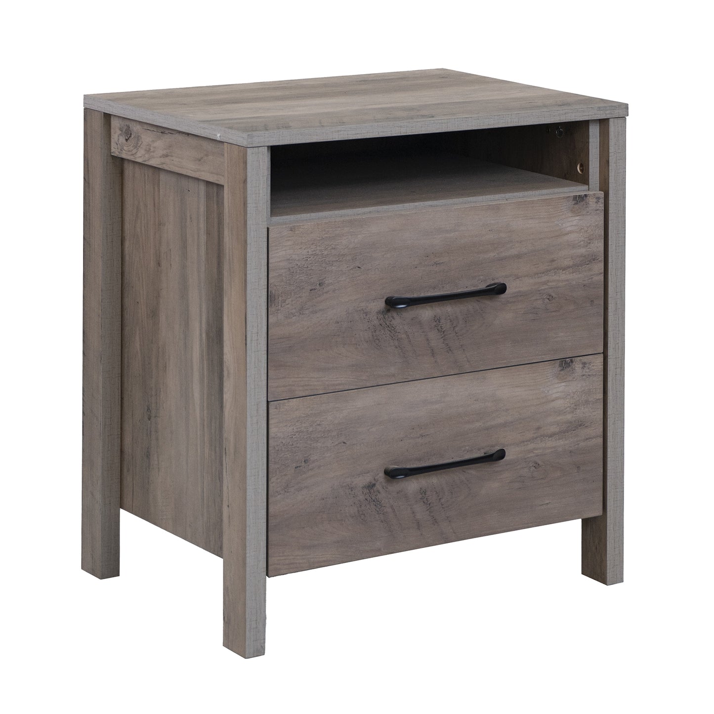 Farmhouse Nightstand with 2 Drawers and Open Storage Shelf Bedside Table
