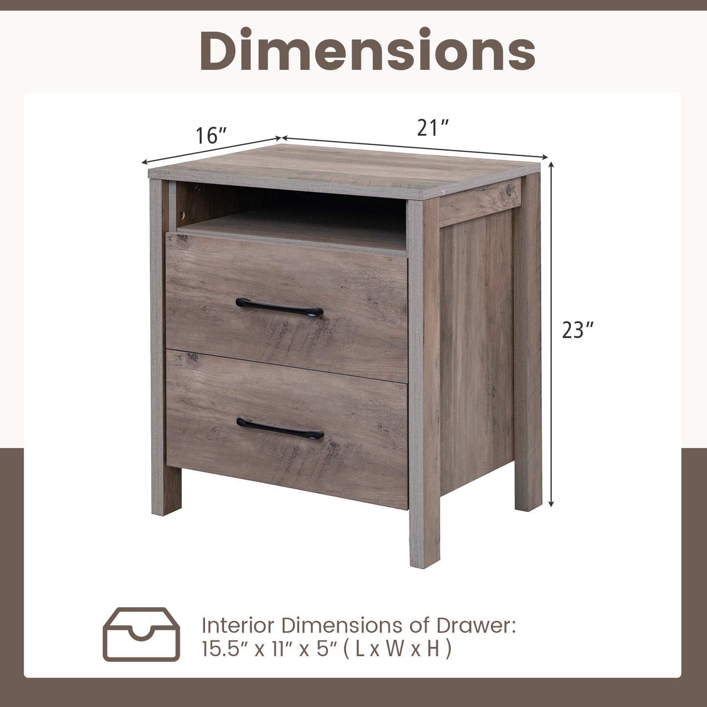 Farmhouse Nightstand with 2 Drawers and Open Storage Shelf Bedside Table