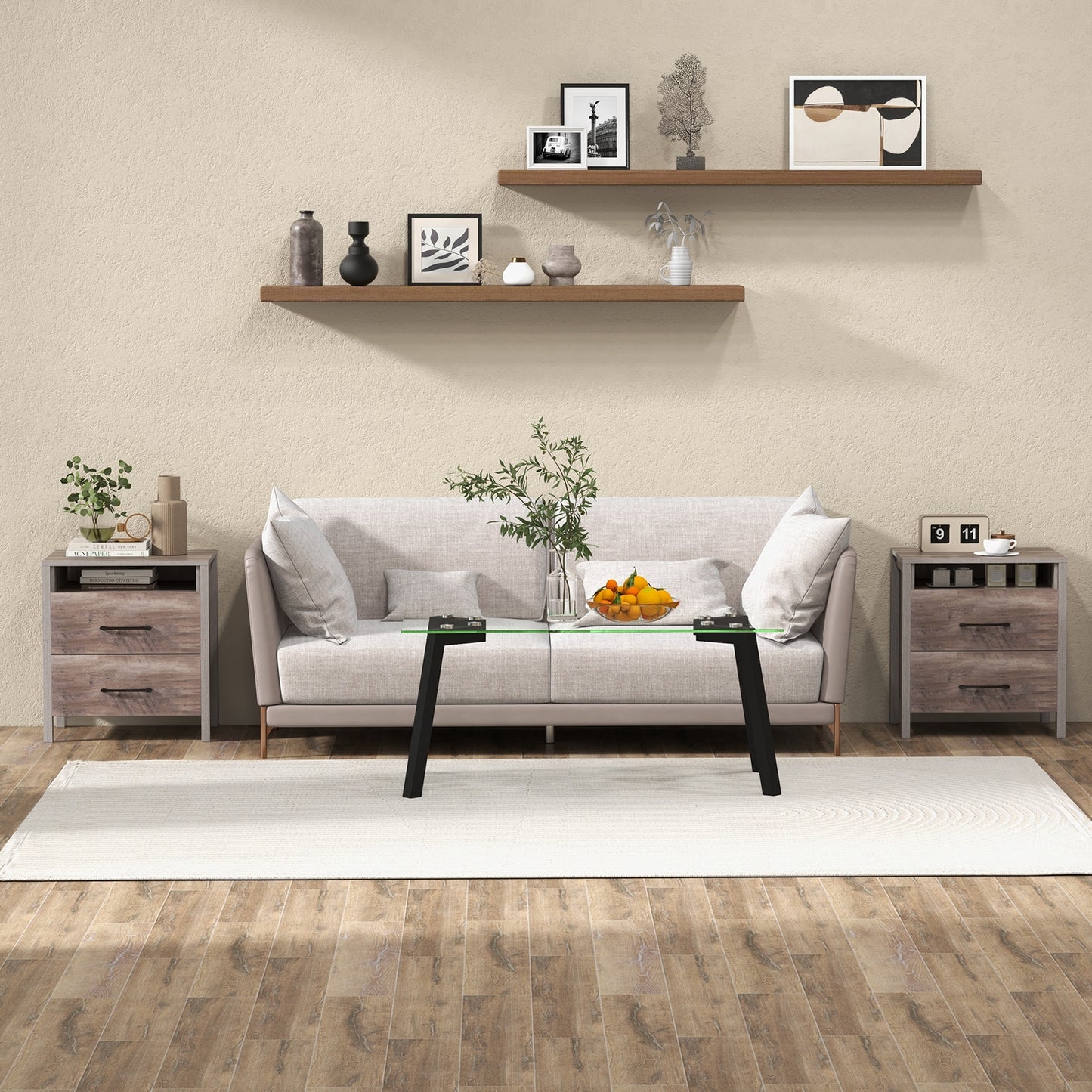 Farmhouse Nightstand with 2 Drawers and Open Storage Shelf Bedside Table