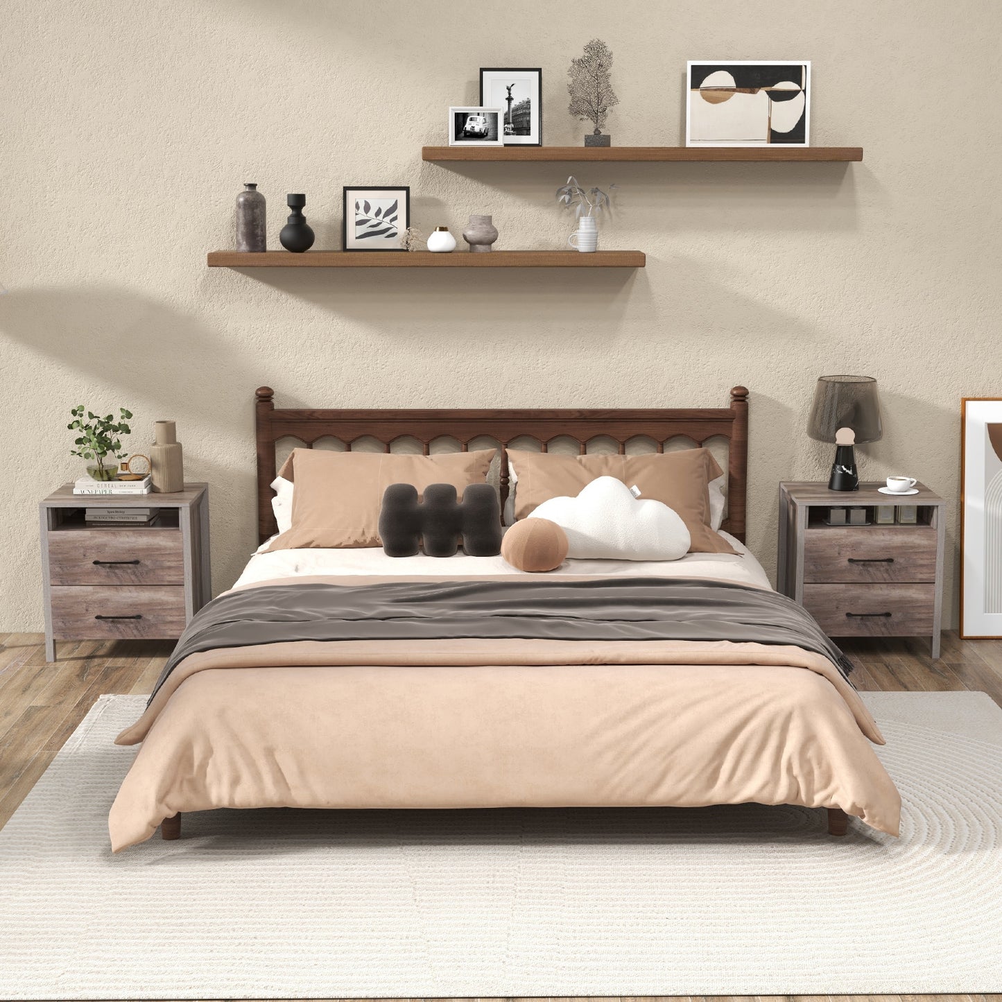 Farmhouse Nightstand with 2 Drawers and Open Storage Shelf Bedside Table