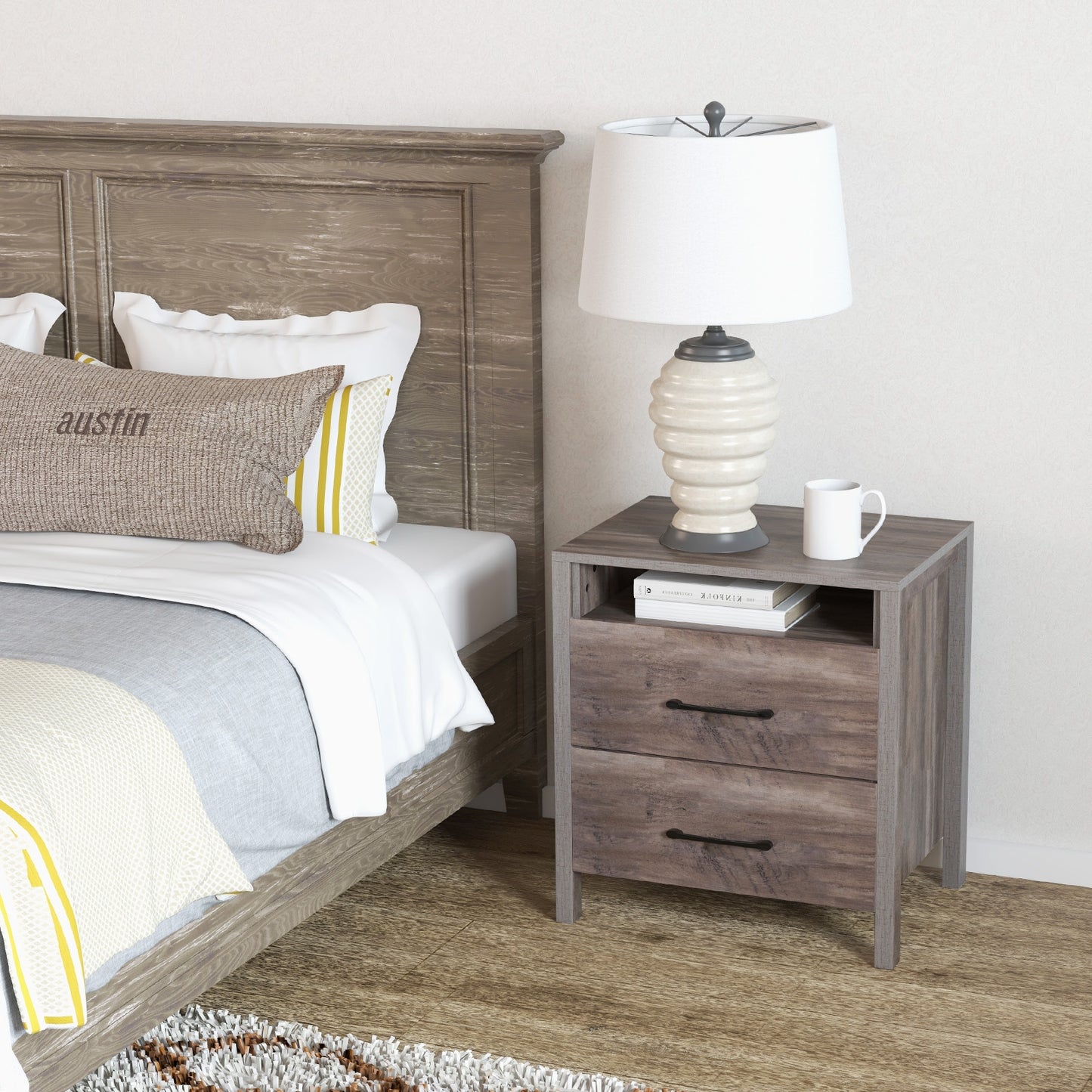 Farmhouse Nightstand with 2 Drawers and Open Storage Shelf Bedside Table