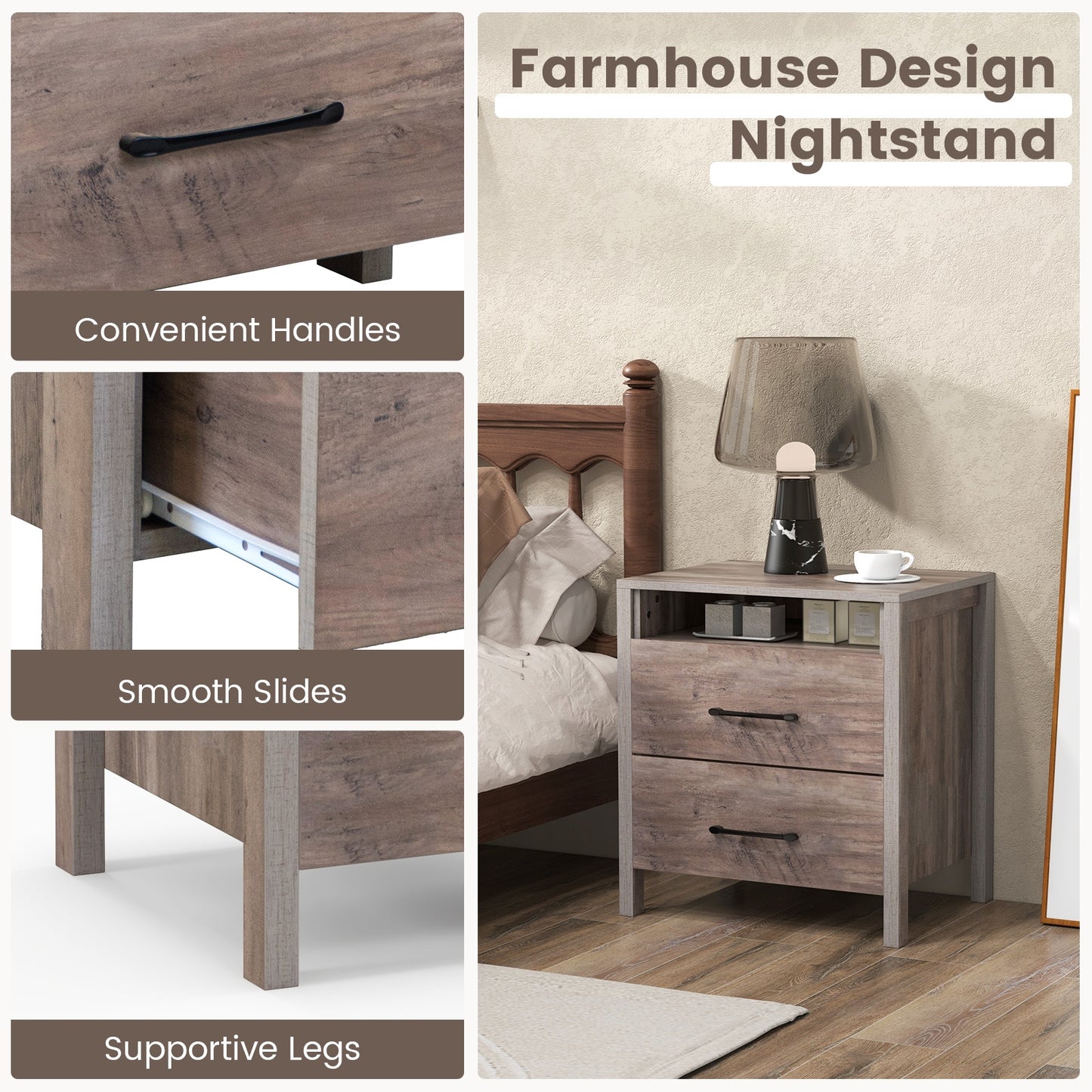 Farmhouse Nightstand with 2 Drawers and Open Storage Shelf Bedside Table