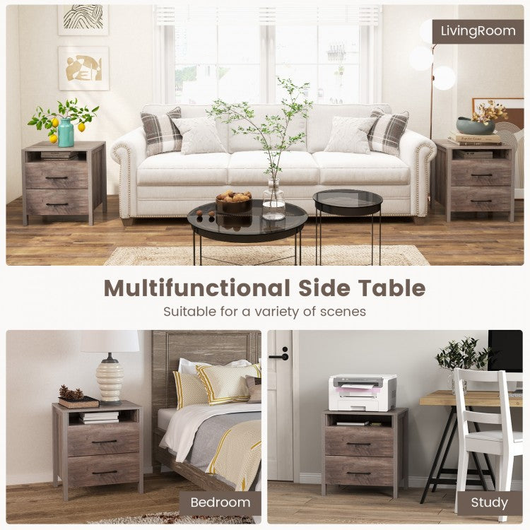 Farmhouse Nightstand with 2 Drawers and Open Storage Shelf Bedside Table
