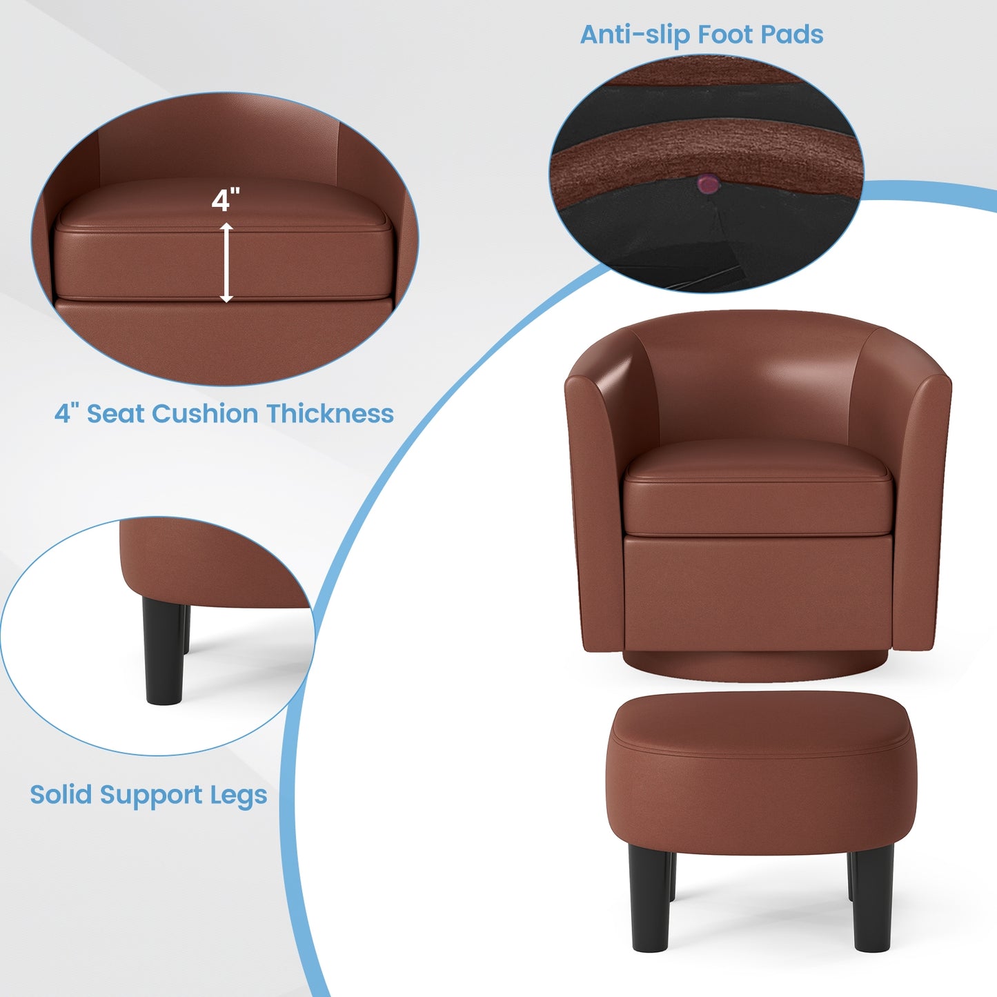 360 Degree Swivel Club Chair with Matching Ottoman and Ergonomic Backrest - Brown
