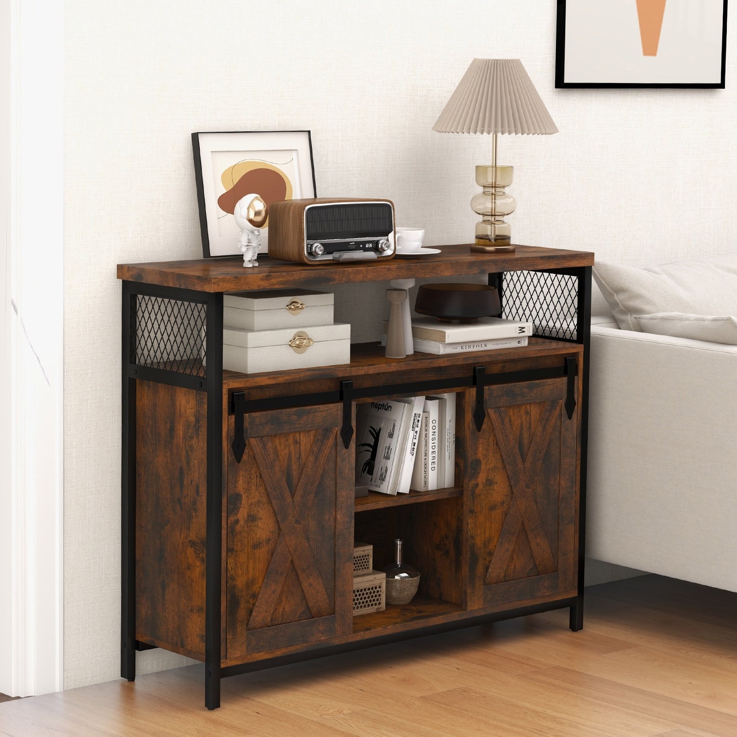 Farmhouse Buffet Sideboard with Sliding Barn Doors Open Shelf and Adjustable Storage