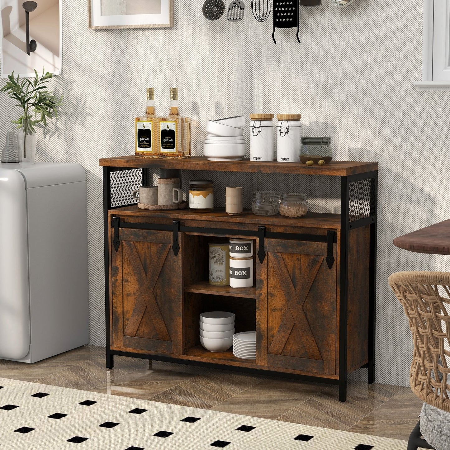 Farmhouse Buffet Sideboard with Sliding Barn Doors Open Shelf and Adjustable Storage