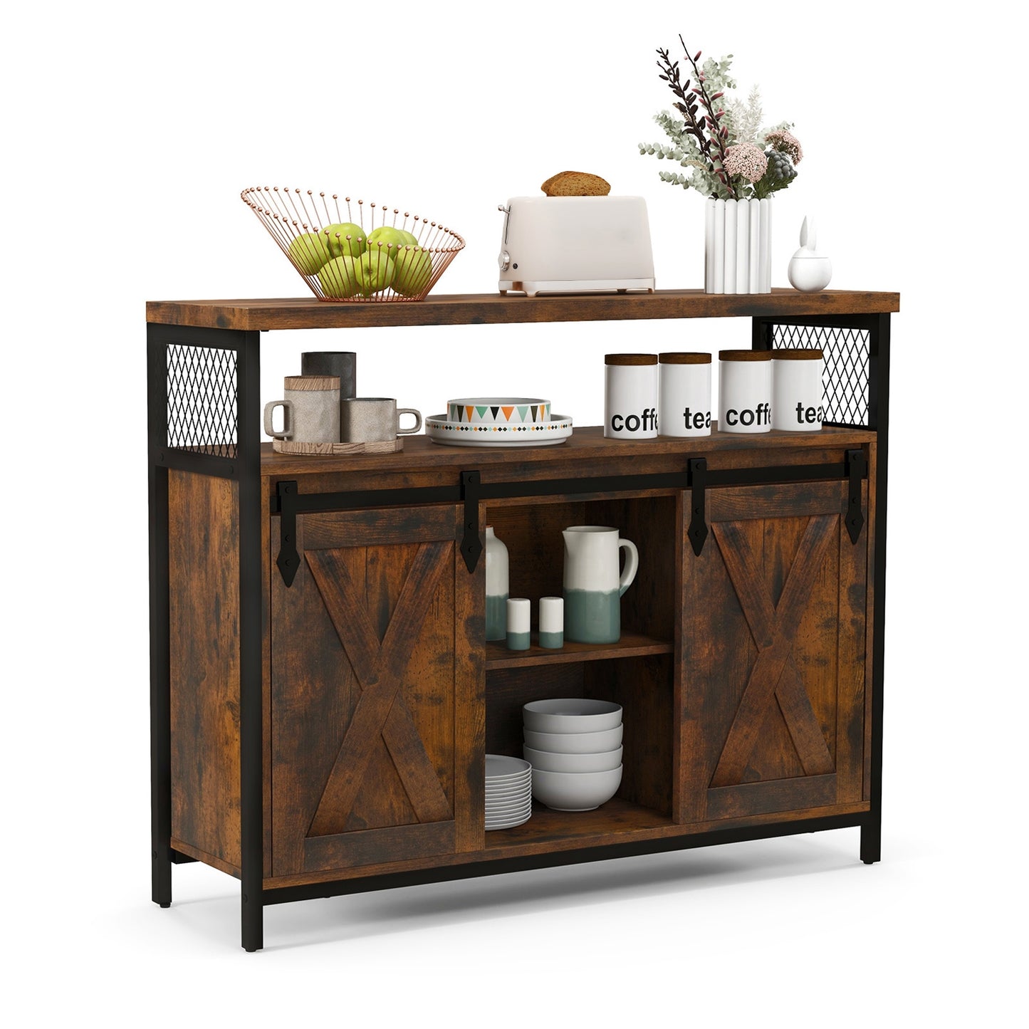 Farmhouse Buffet Sideboard with Sliding Barn Doors Open Shelf and Adjustable Storage
