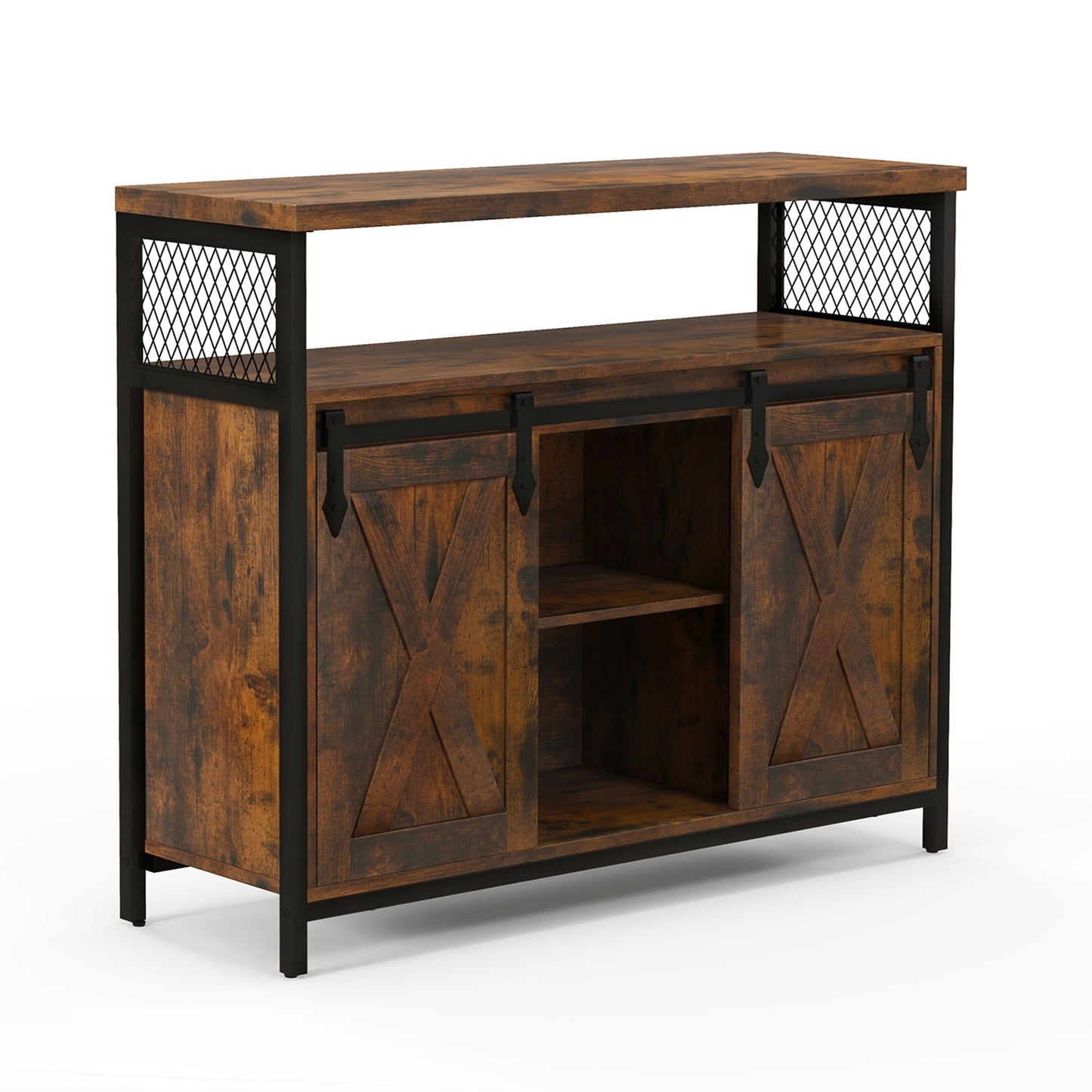 Farmhouse Buffet Sideboard with Sliding Barn Doors Open Shelf and Adjustable Storage