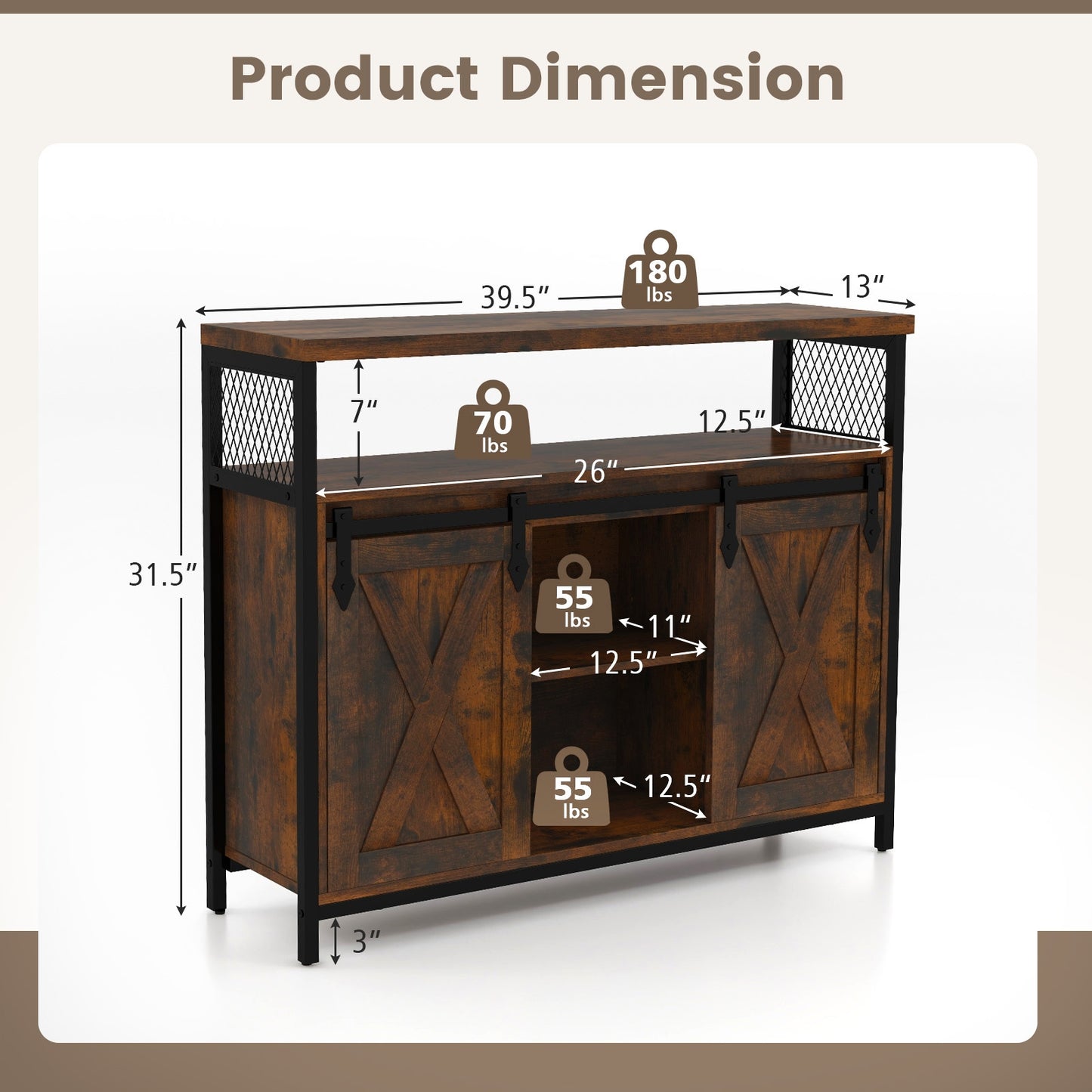 Farmhouse Buffet Sideboard with Sliding Barn Doors Open Shelf and Adjustable Storage
