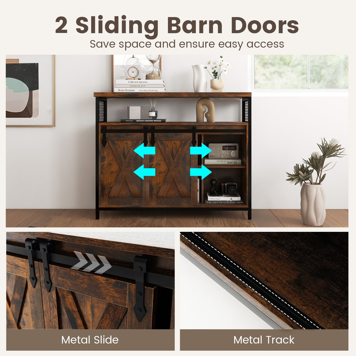 Farmhouse Buffet Sideboard with Sliding Barn Doors Open Shelf and Adjustable Storage