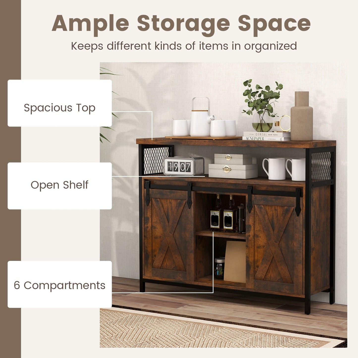 Farmhouse Buffet Sideboard with Sliding Barn Doors Open Shelf and Adjustable Storage
