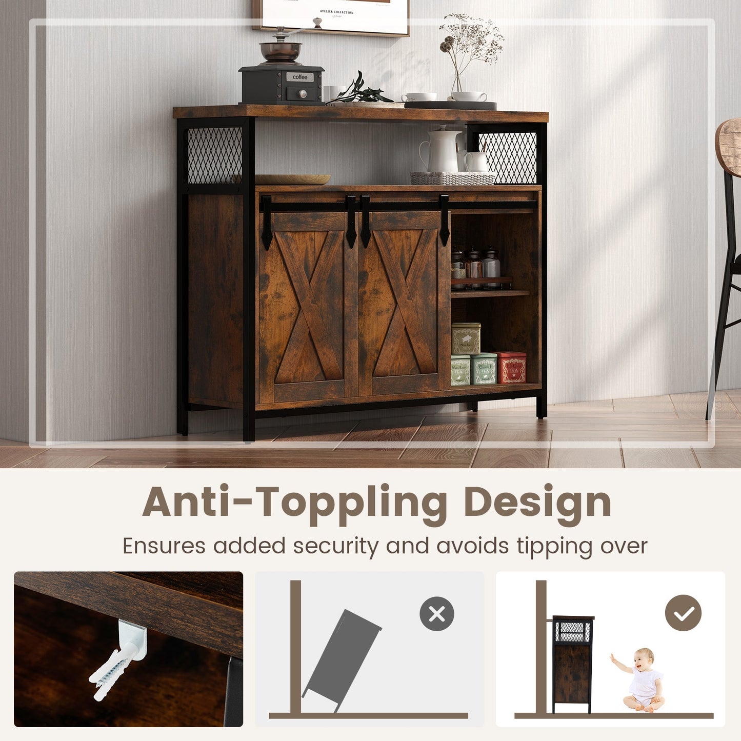 Farmhouse Buffet Sideboard with Sliding Barn Doors Open Shelf and Adjustable Storage