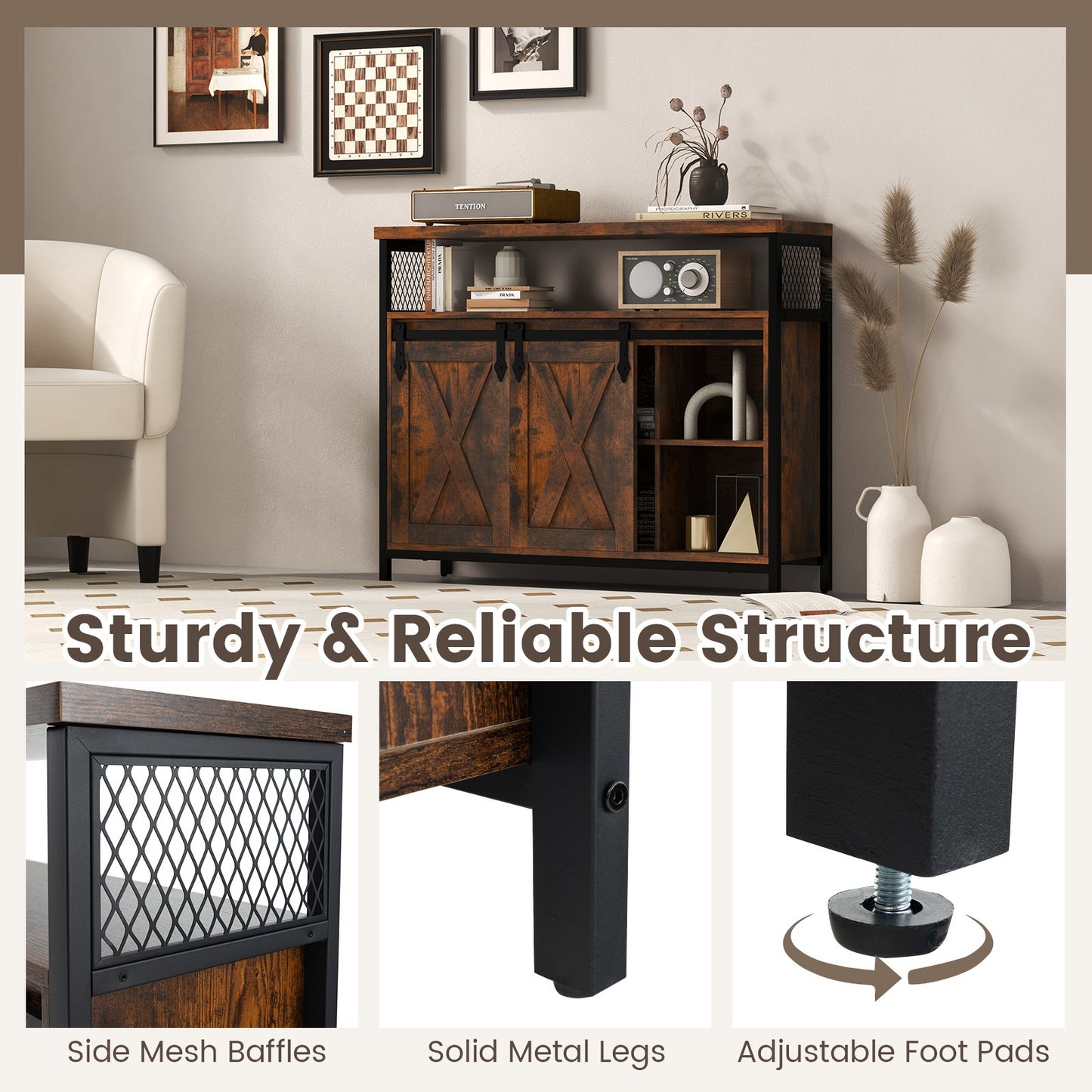 Farmhouse Buffet Sideboard with Sliding Barn Doors Open Shelf and Adjustable Storage