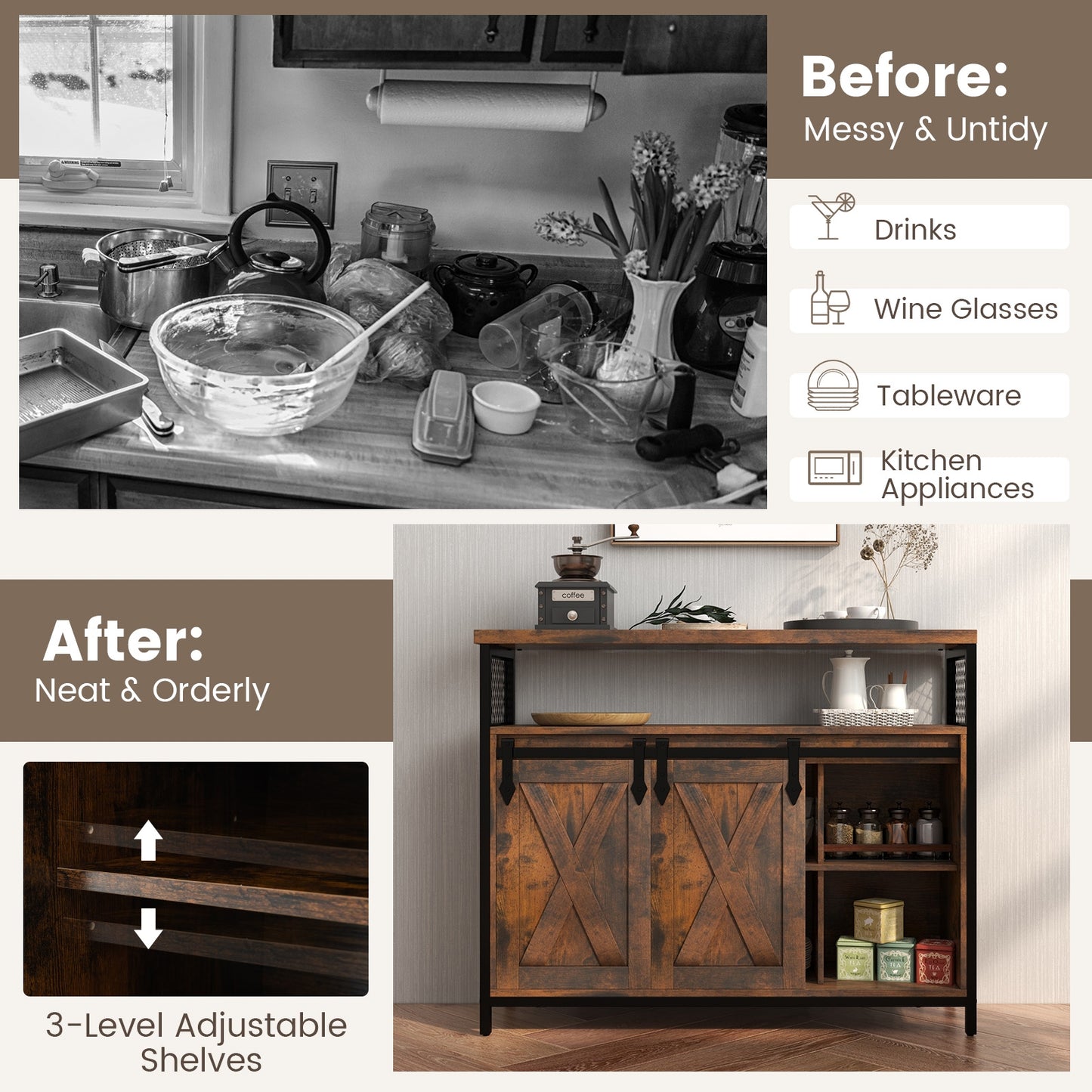 Before and after comparison of a kitchen with a cabinet and organized items.