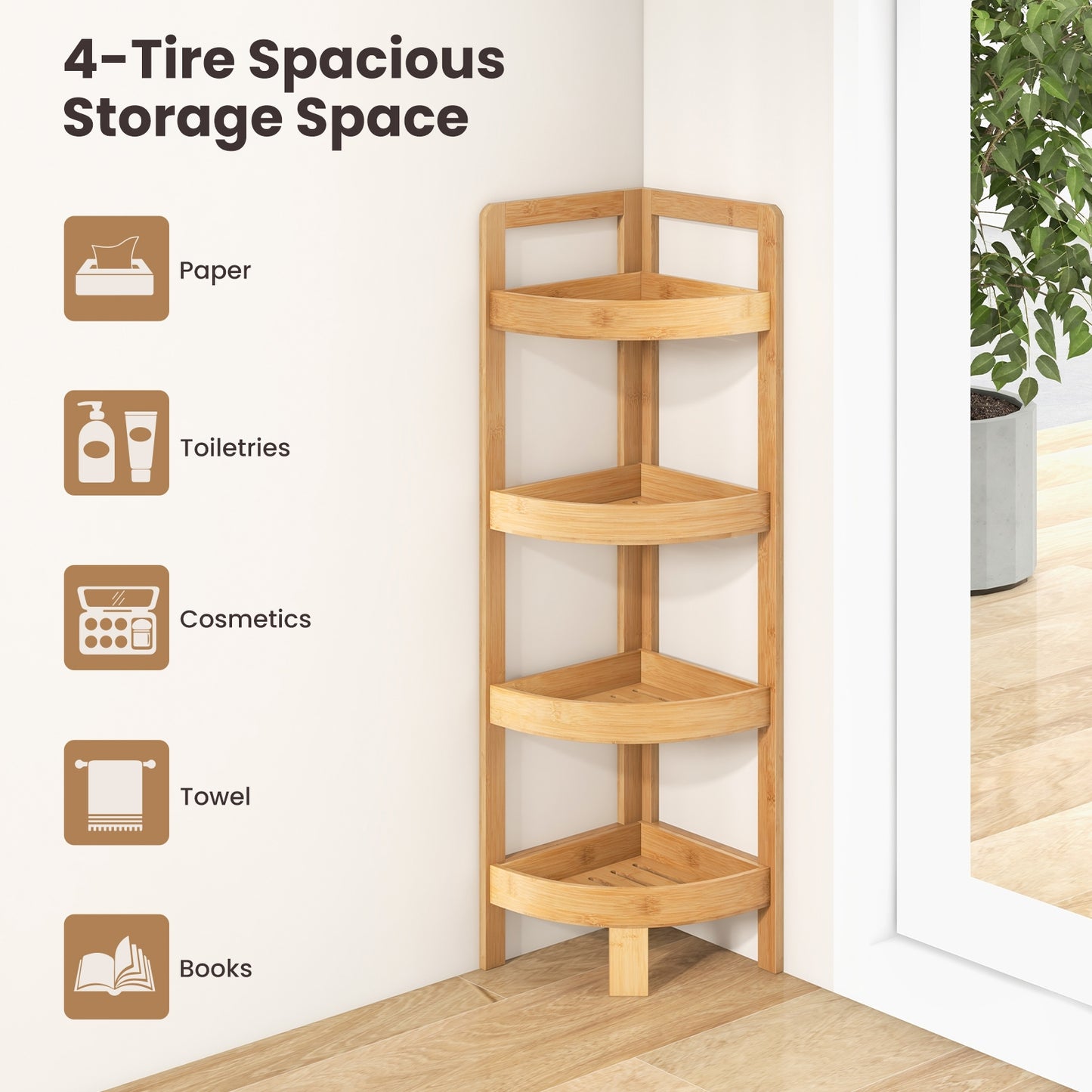 4 Tier Bamboo Corner Shelf Freestanding Storage Organizer for Bathroom & Home