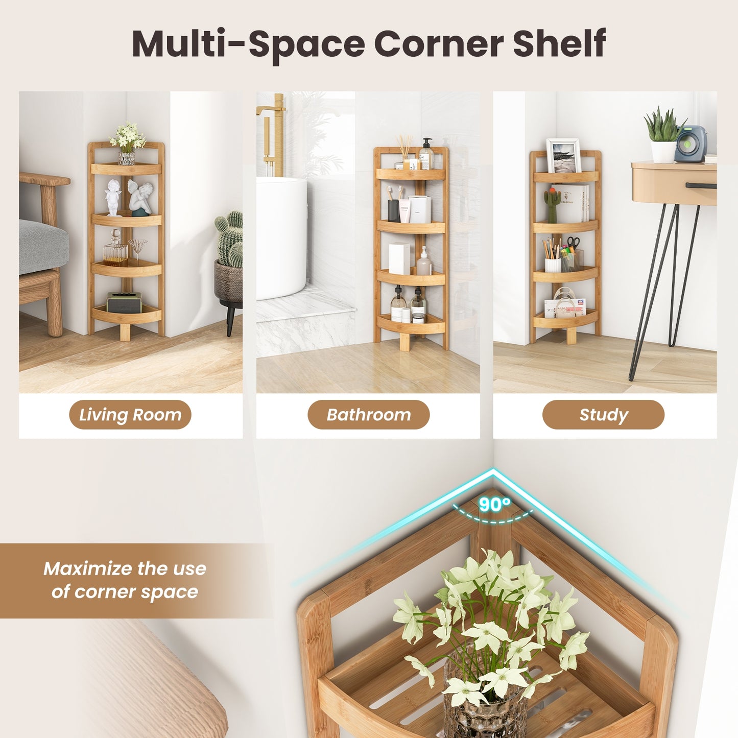 4 Tier Bamboo Corner Shelf Freestanding Storage Organizer for Bathroom & Home
