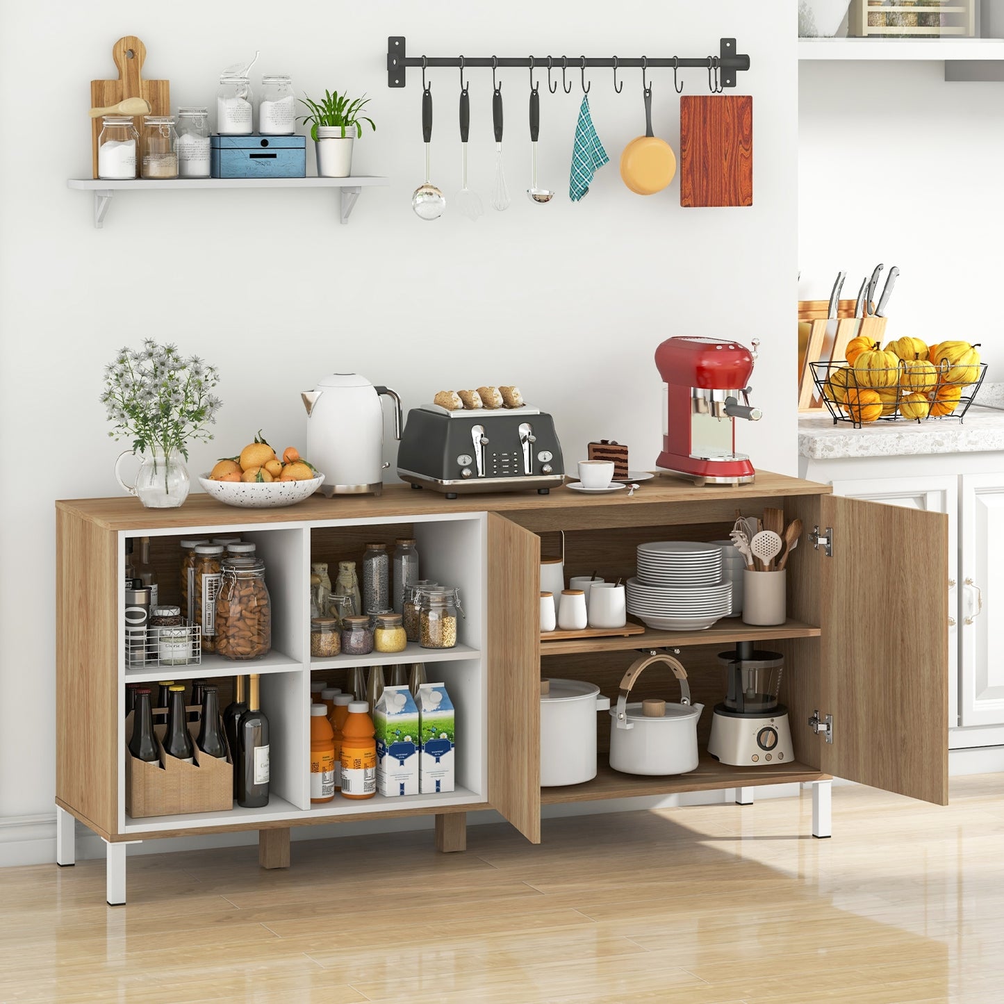Modern 63" Storage Sideboard with Push-to-Open Cabinets and Adjustable Shelves for Kitchen or Dining Room