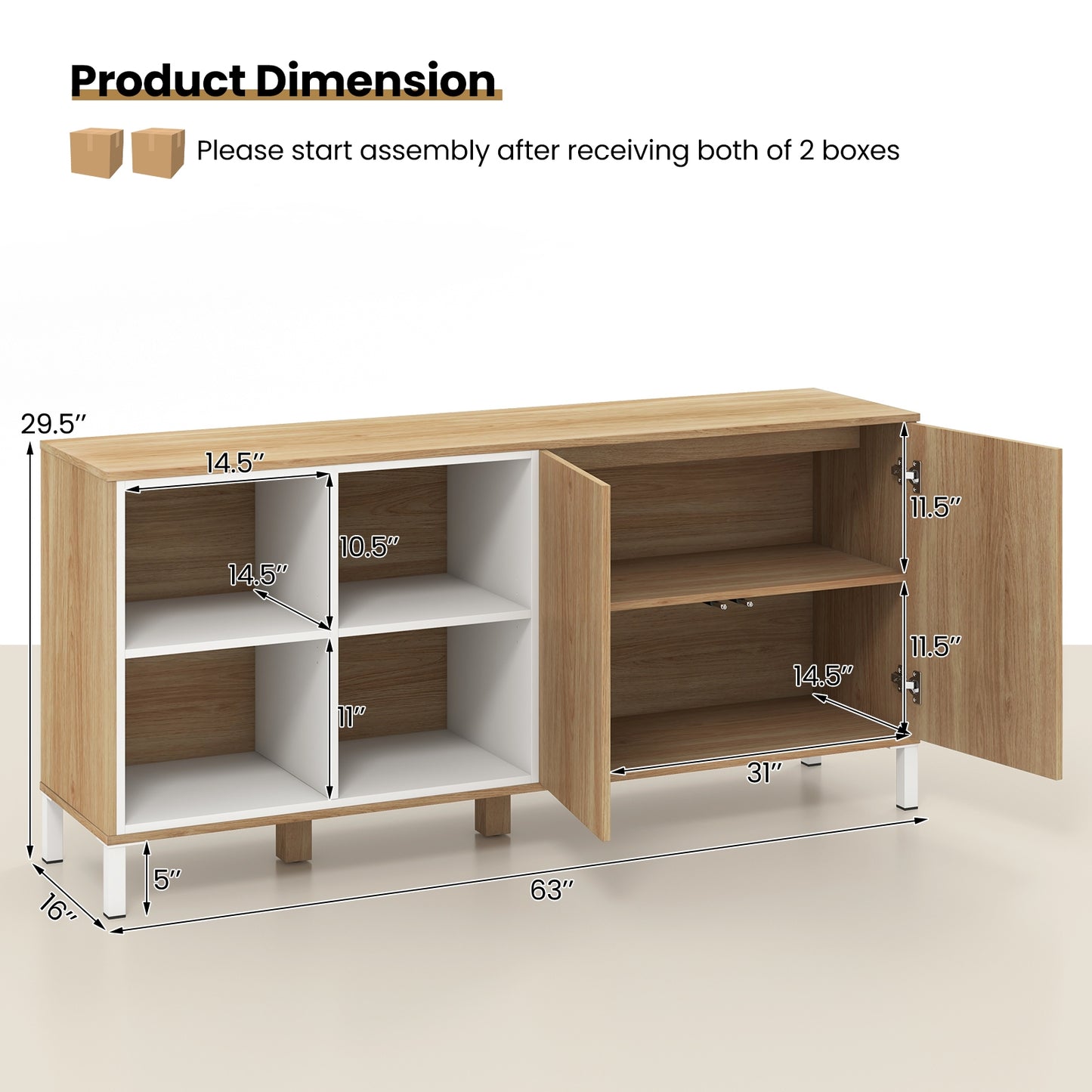 Modern 63" Storage Sideboard with Push-to-Open Cabinets and Adjustable Shelves for Kitchen or Dining Room