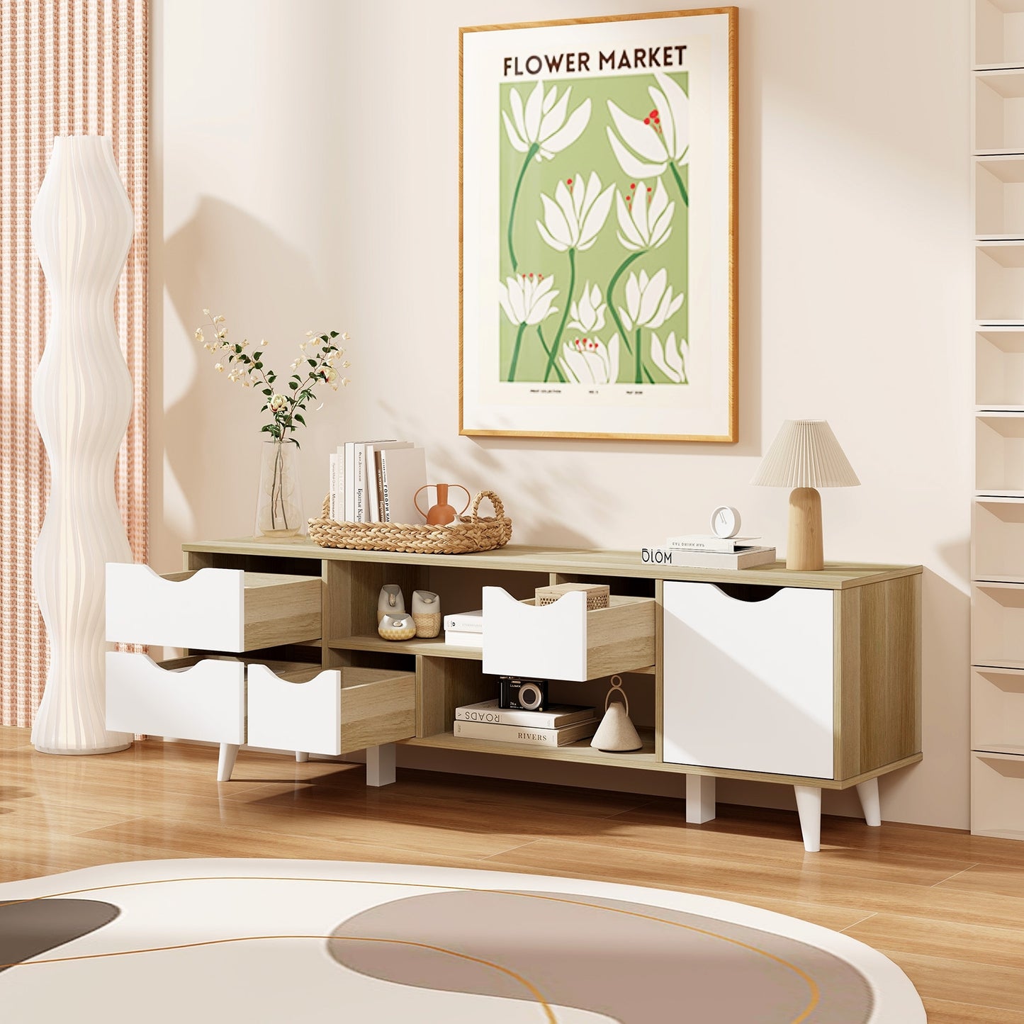 Elegant 55 Inch TV Console with 4 Drawers and 2 Open Shelves for Organized Media Storage