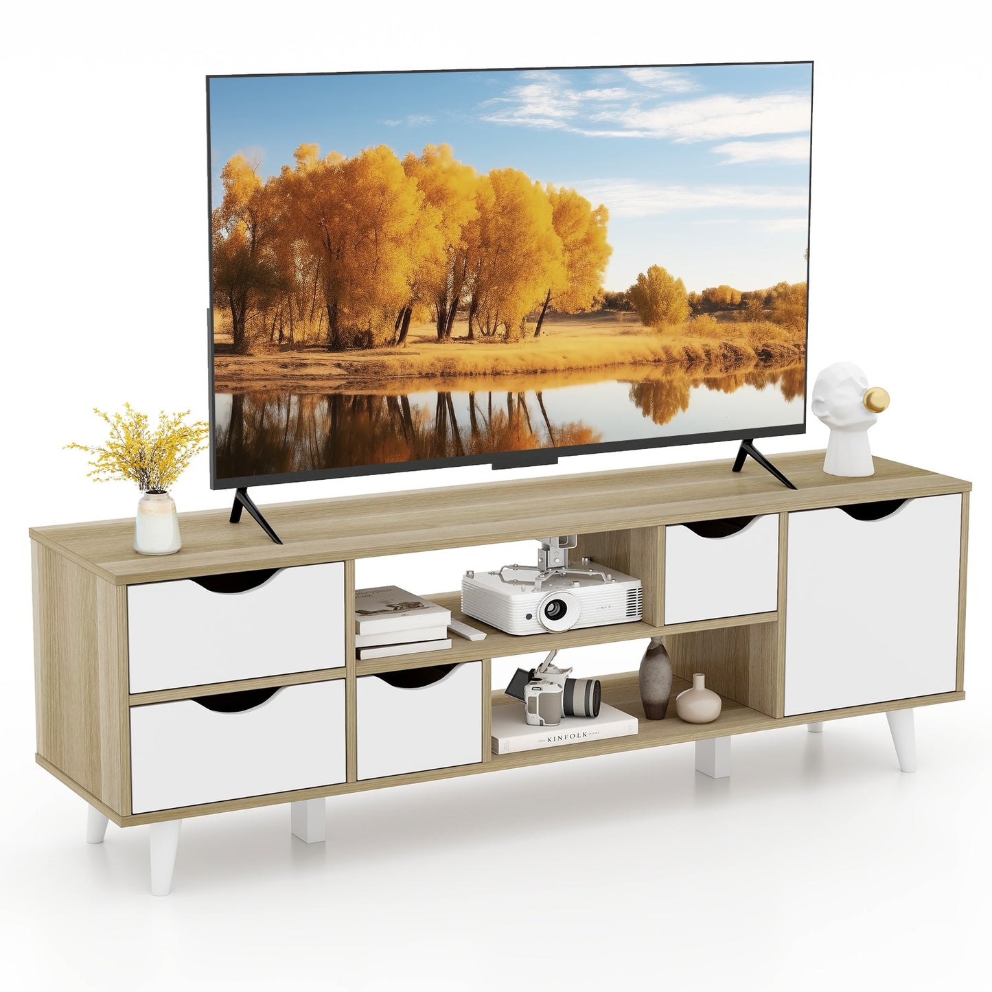 Elegant 55 Inch TV Console with 4 Drawers and 2 Open Shelves for Organized Media Storage