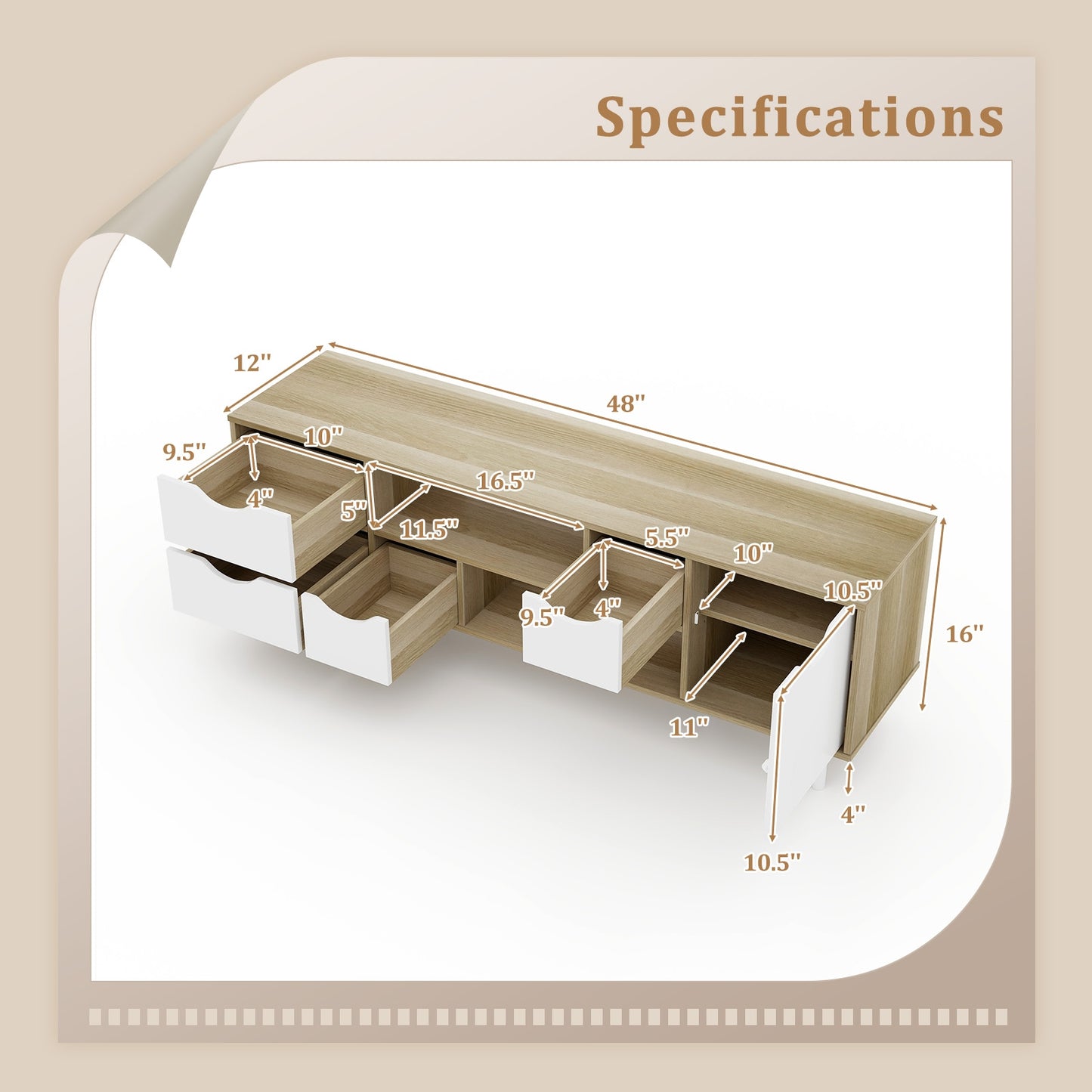 Elegant 55 Inch TV Console with 4 Drawers and 2 Open Shelves for Organized Media Storage
