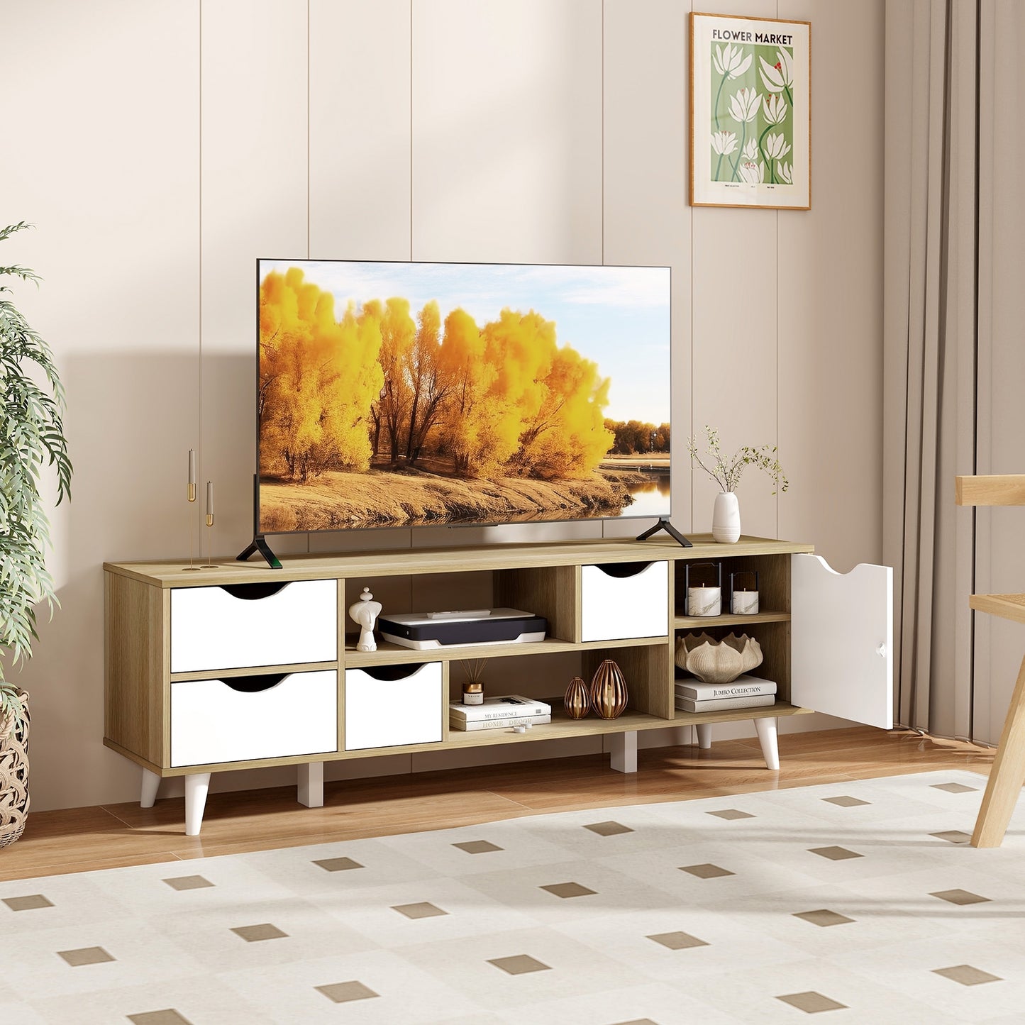 Elegant 55 Inch TV Console with 4 Drawers and 2 Open Shelves for Organized Media Storage