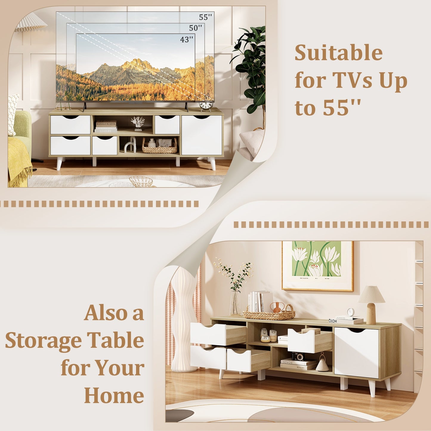 Elegant 55 Inch TV Console with 4 Drawers and 2 Open Shelves for Organized Media Storage