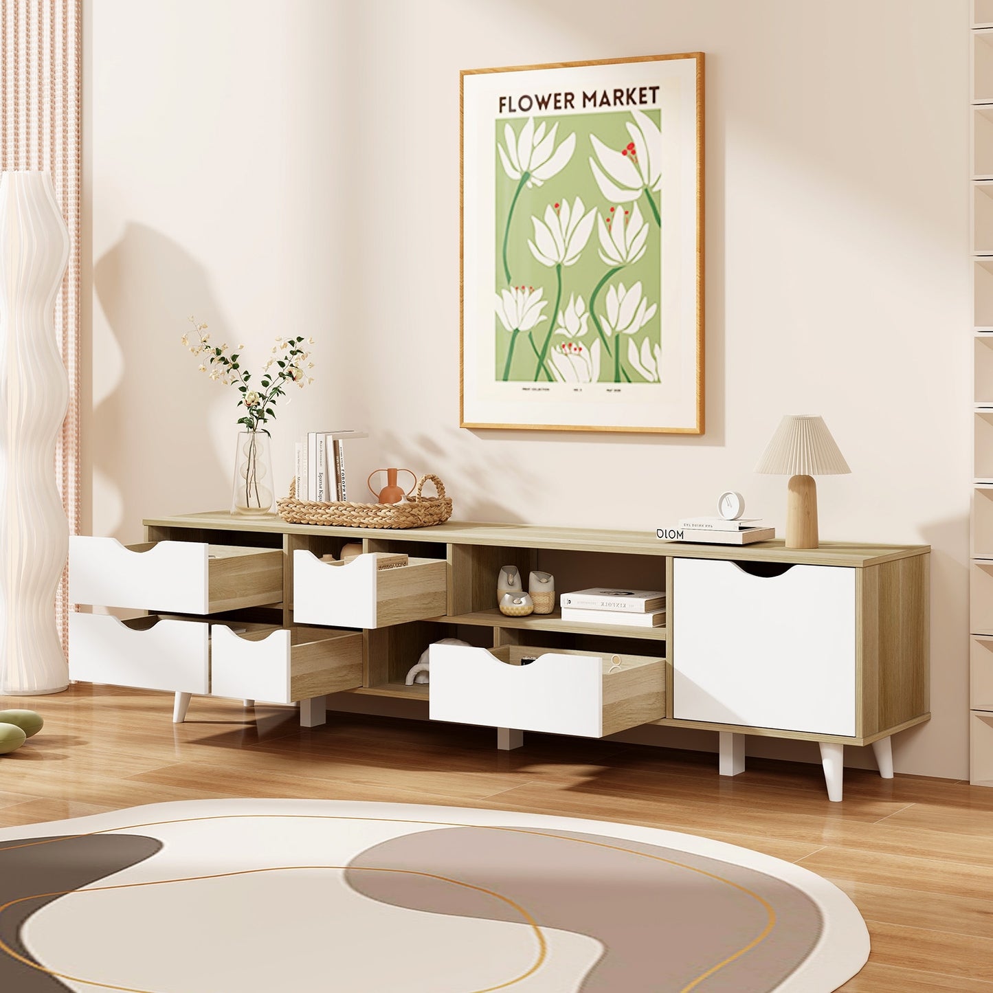 Elegant 65 Inch TV Console with 5 Drawers and 3 Open Shelves for Organized Media Storage