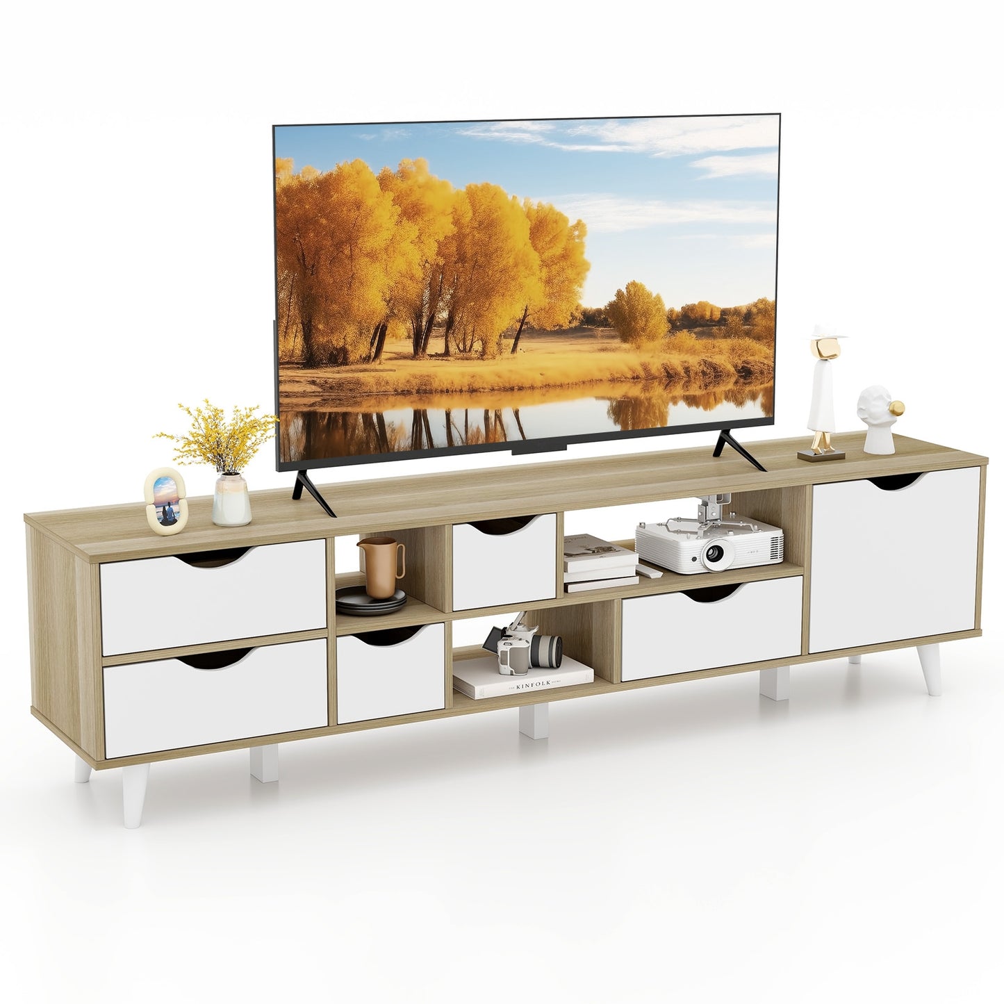 Elegant 65 Inch TV Console with 5 Drawers and 3 Open Shelves for Organized Media Storage