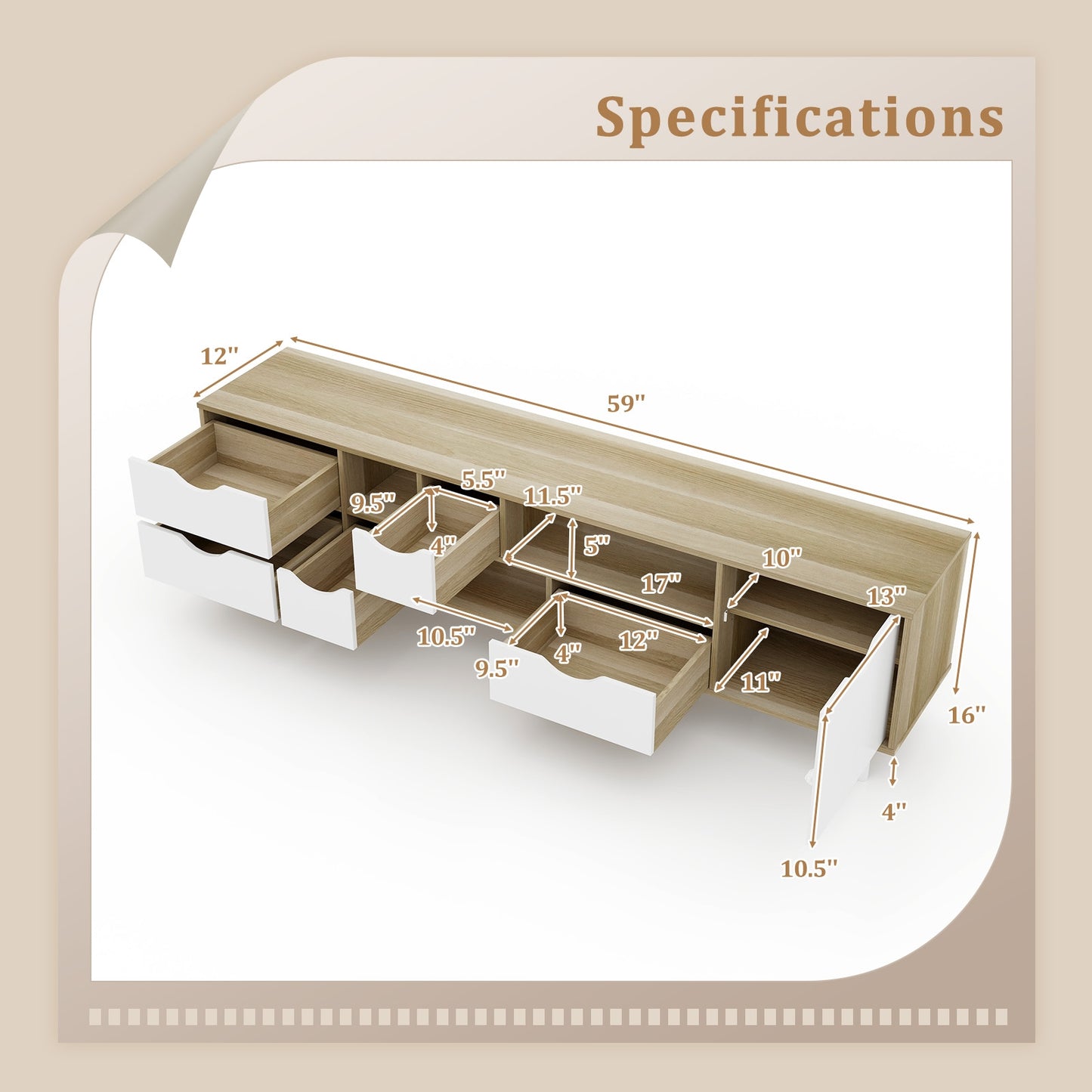 Elegant 65 Inch TV Console with 5 Drawers and 3 Open Shelves for Organized Media Storage