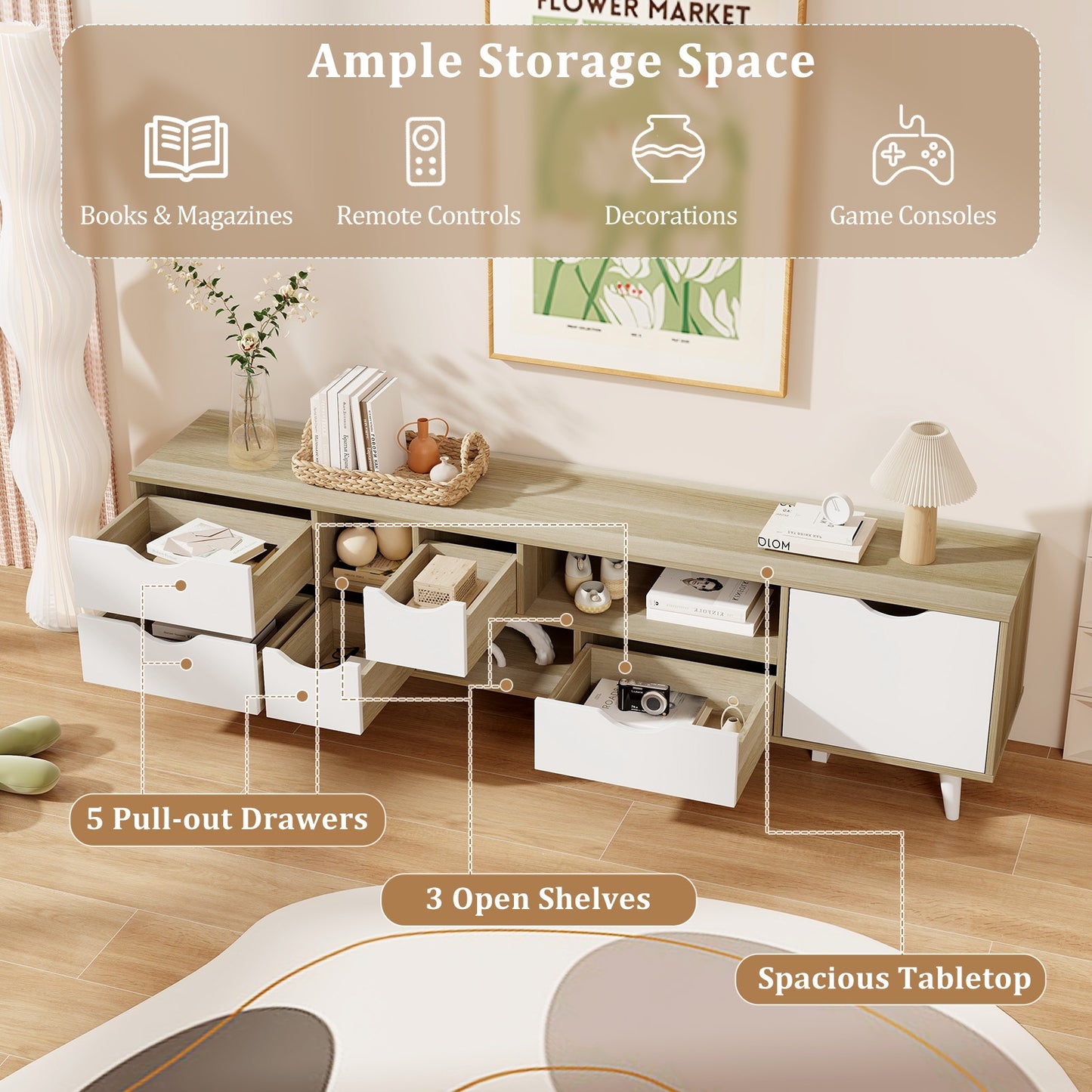 Elegant 65 Inch TV Console with 5 Drawers and 3 Open Shelves for Organized Media Storage