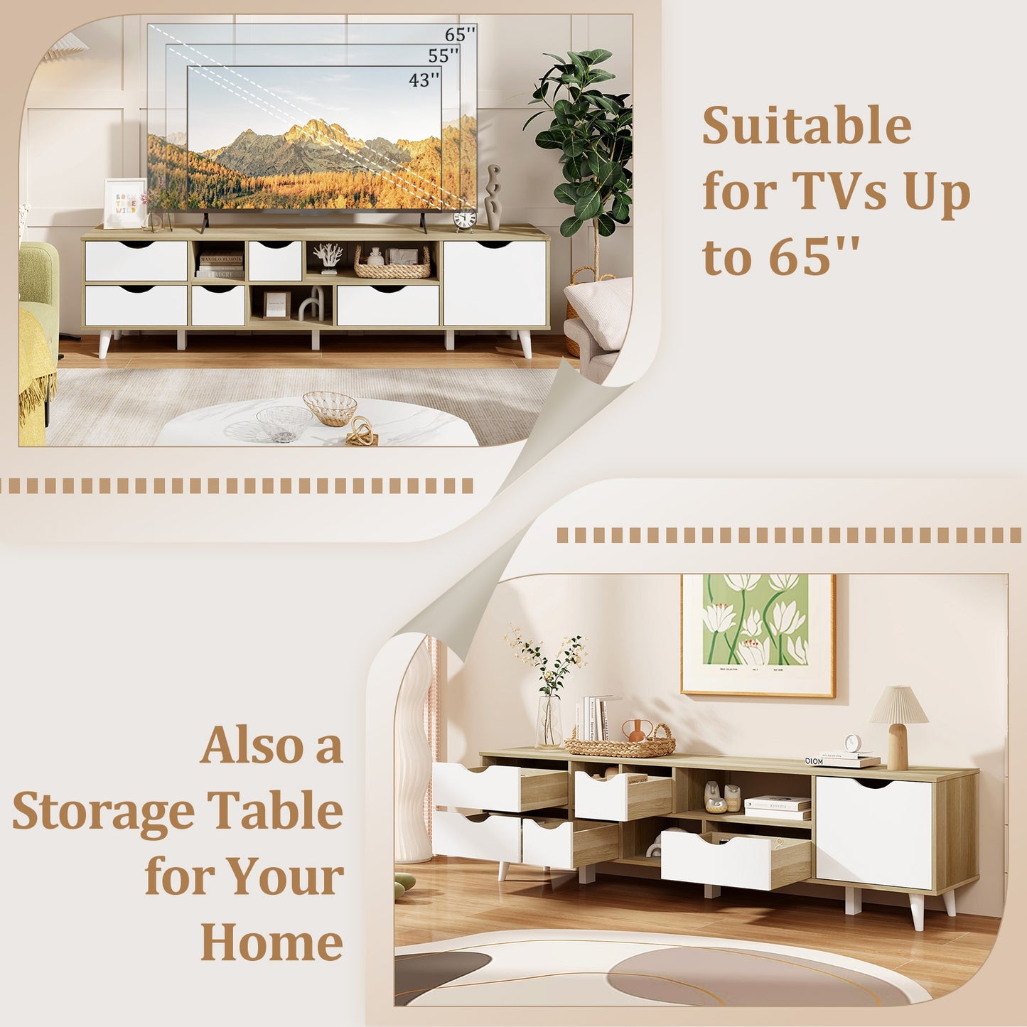Elegant 65 Inch TV Console with 5 Drawers and 3 Open Shelves for Organized Media Storage