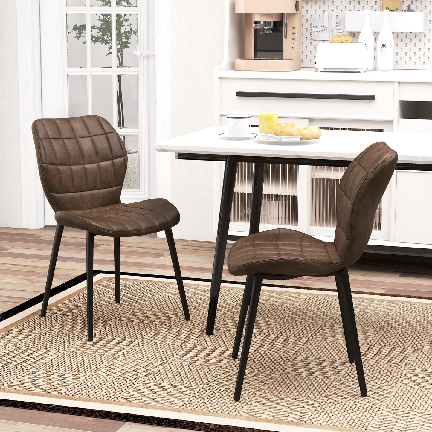 Modern Dining Chairs with Padded Backrest Metal Legs and Adjustable Foot Pads in Brown Set of 2