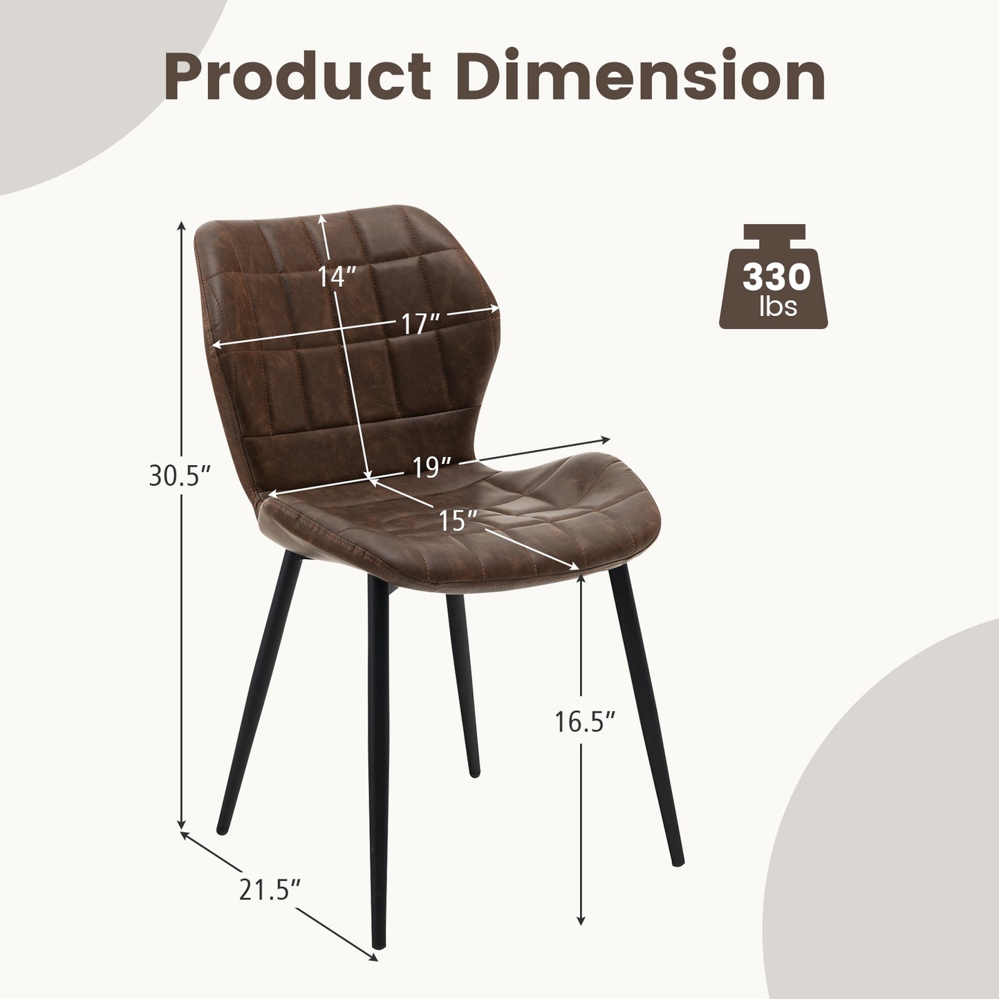Modern Dining Chairs with Padded Backrest Metal Legs and Adjustable Foot Pads in Brown Set of 2