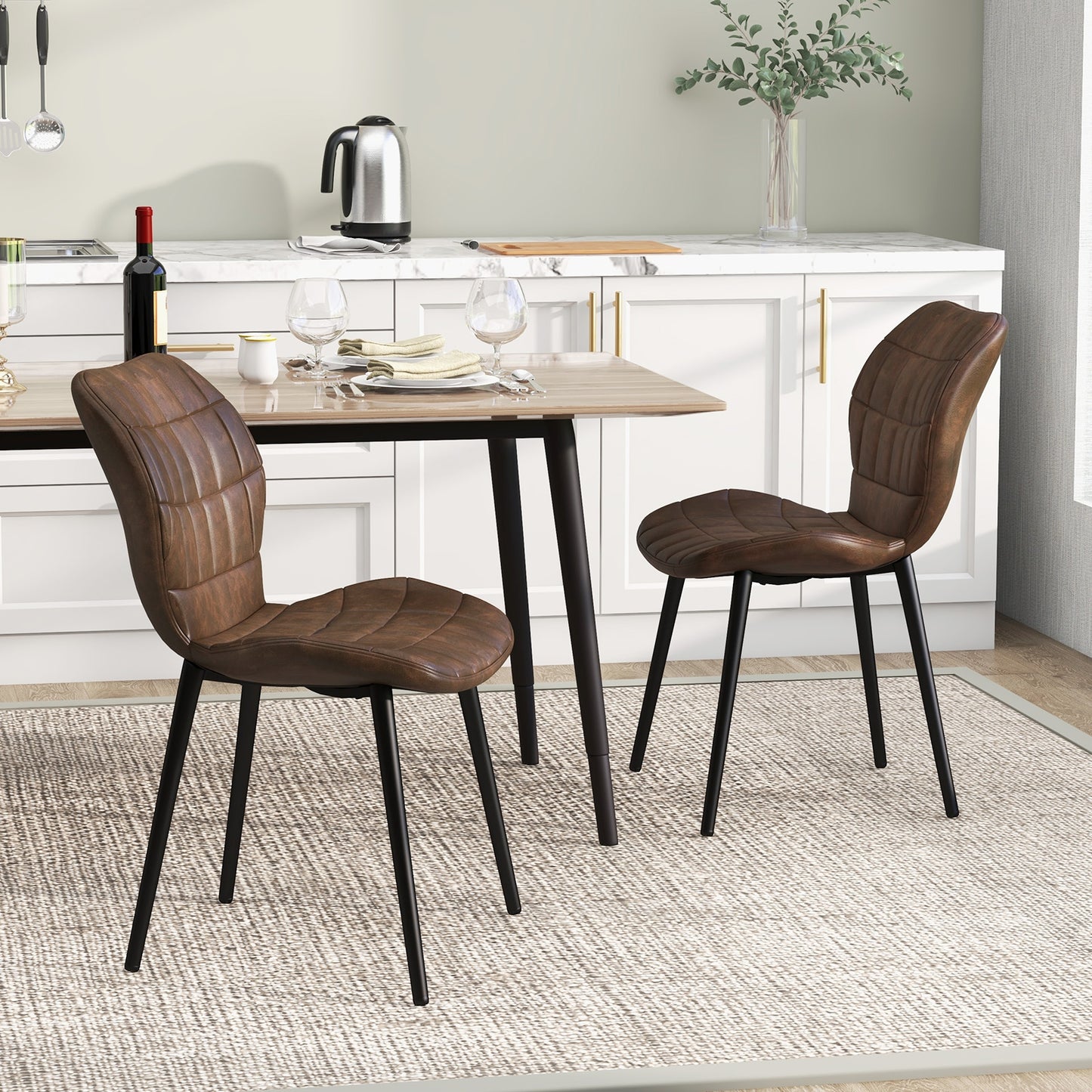 Modern Dining Chairs with Padded Backrest Metal Legs and Adjustable Foot Pads in Brown Set of 2