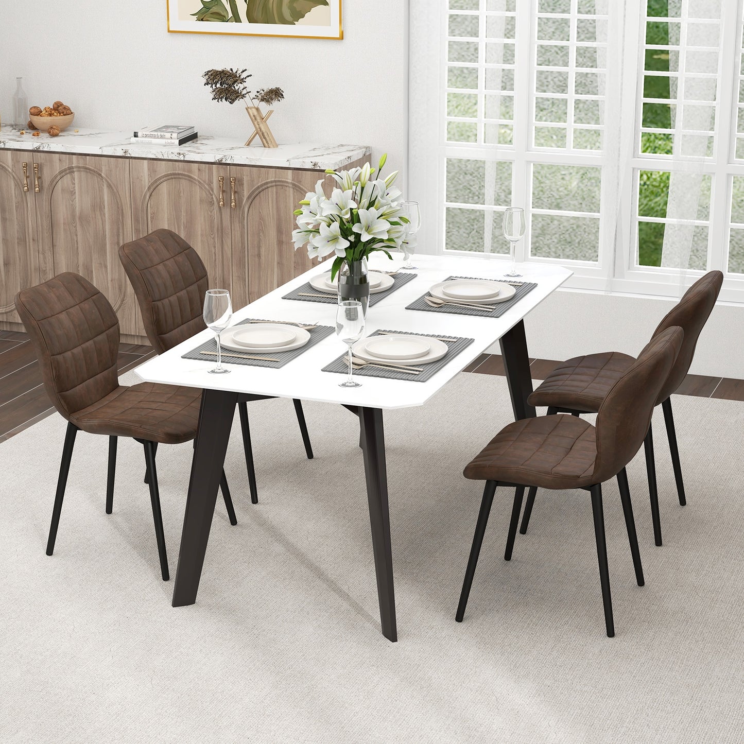 Modern Dining Chairs with Padded Backrest Metal Legs and Adjustable Foot Pads in Brown Set of 2