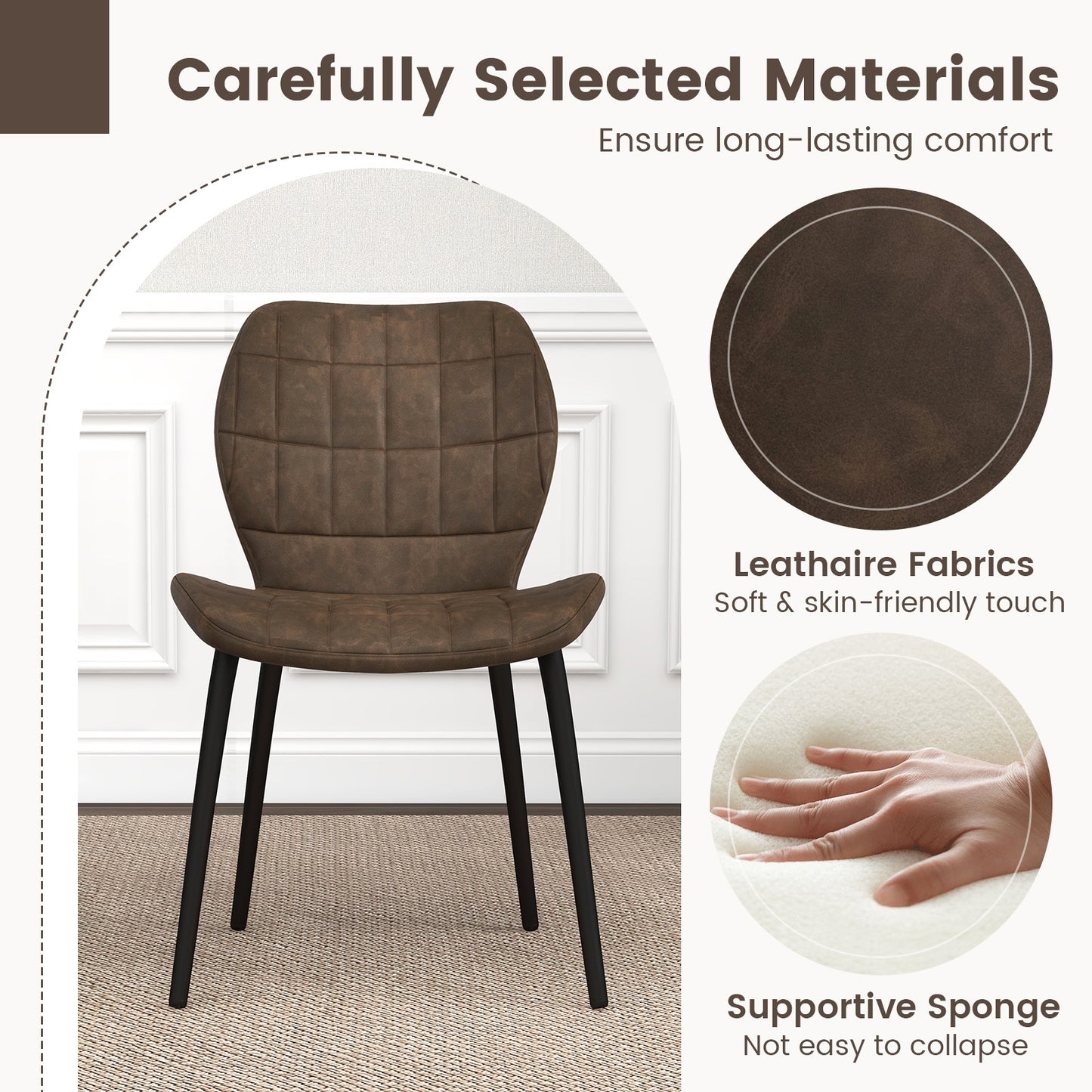 Modern Dining Chairs with Padded Backrest Metal Legs and Adjustable Foot Pads in Brown Set of 2