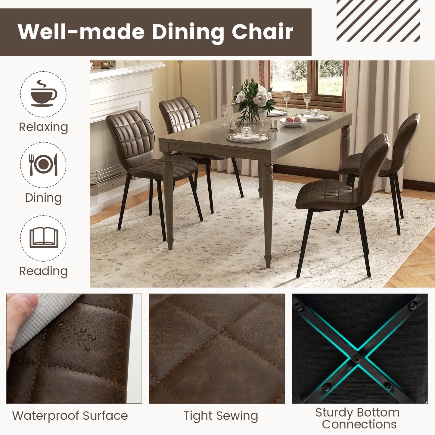 Modern Dining Chairs with Padded Backrest Metal Legs and Adjustable Foot Pads in Brown Set of 2