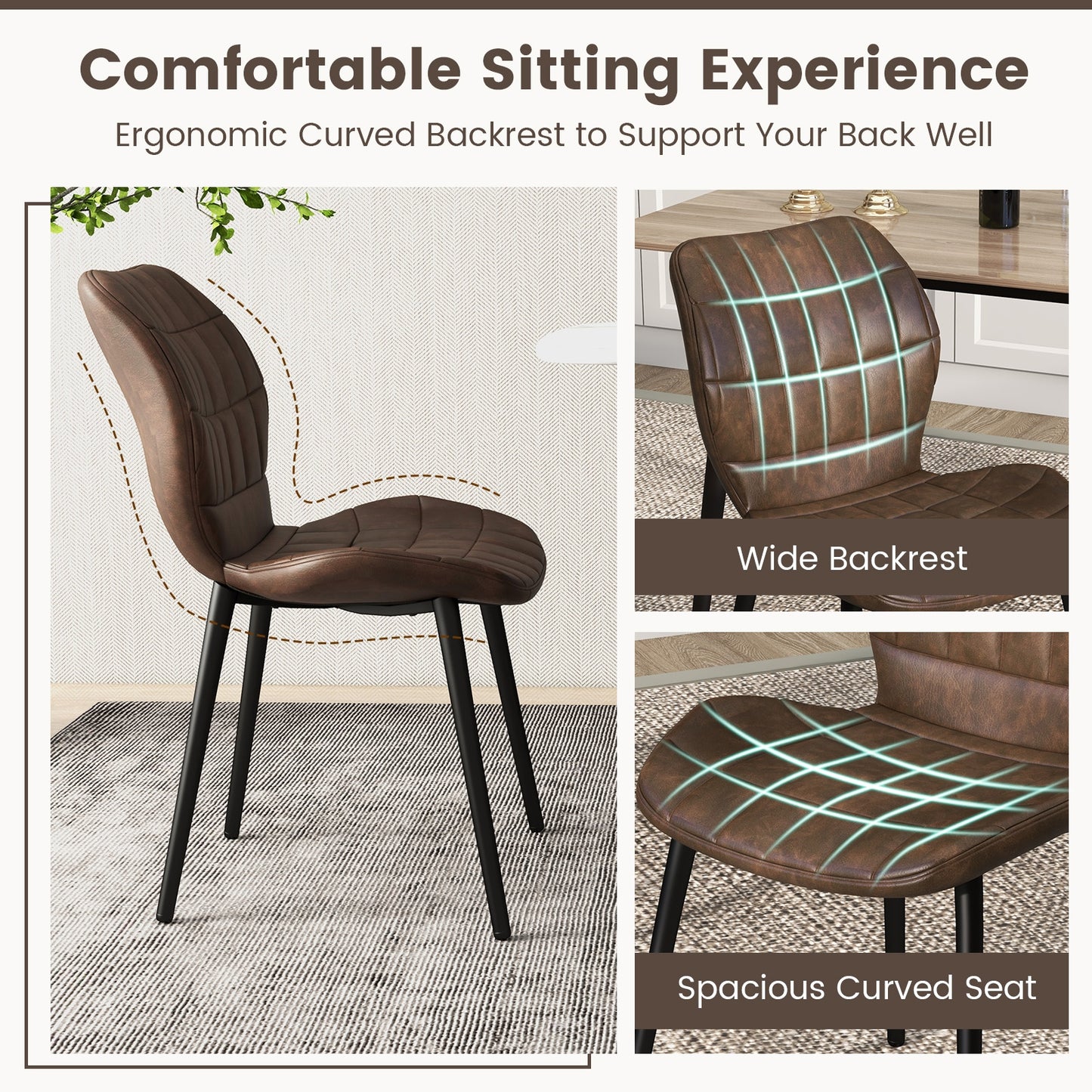 Modern Dining Chairs with Padded Backrest Metal Legs and Adjustable Foot Pads in Brown Set of 2