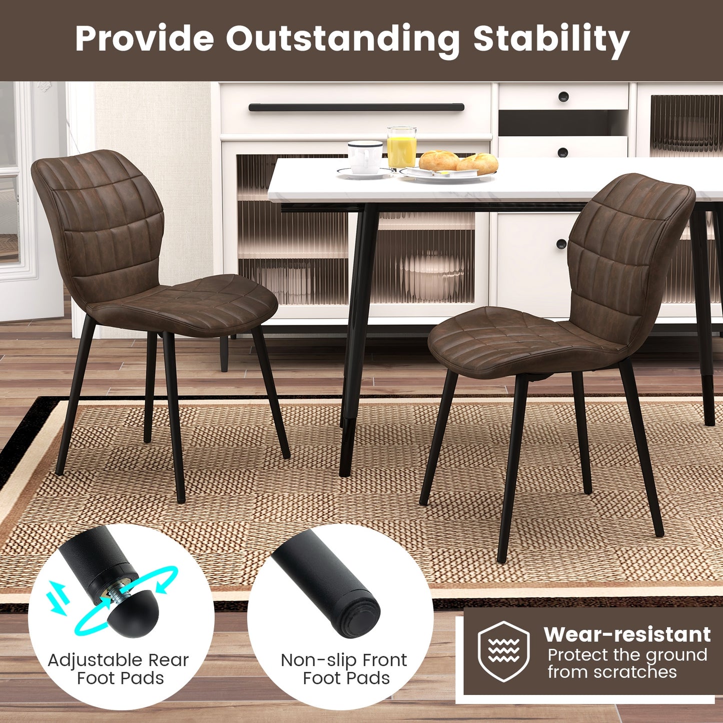 Modern Dining Chairs with Padded Backrest Metal Legs and Adjustable Foot Pads in Brown Set of 2
