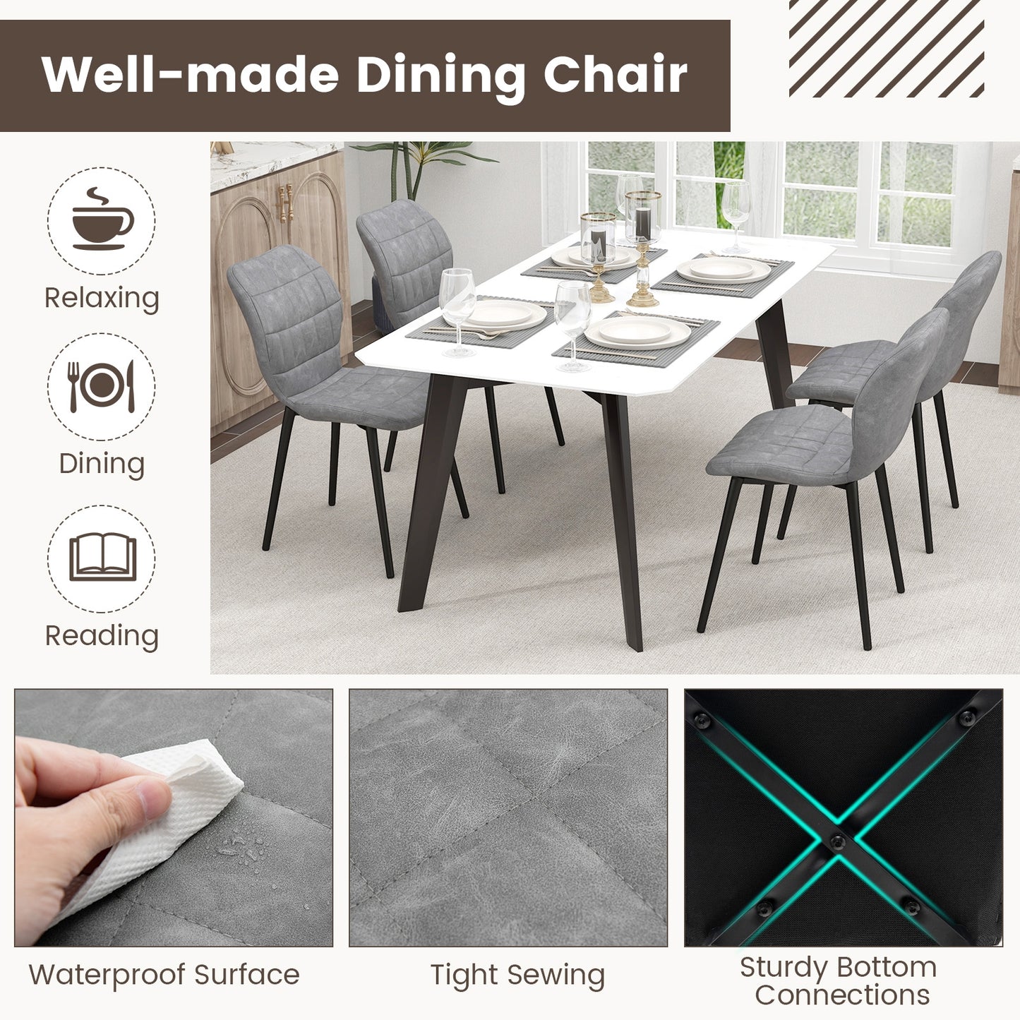 Modern Dining Chairs with Padded Backrest Metal Legs and Adjustable Foot Pads in Grey Set of 2