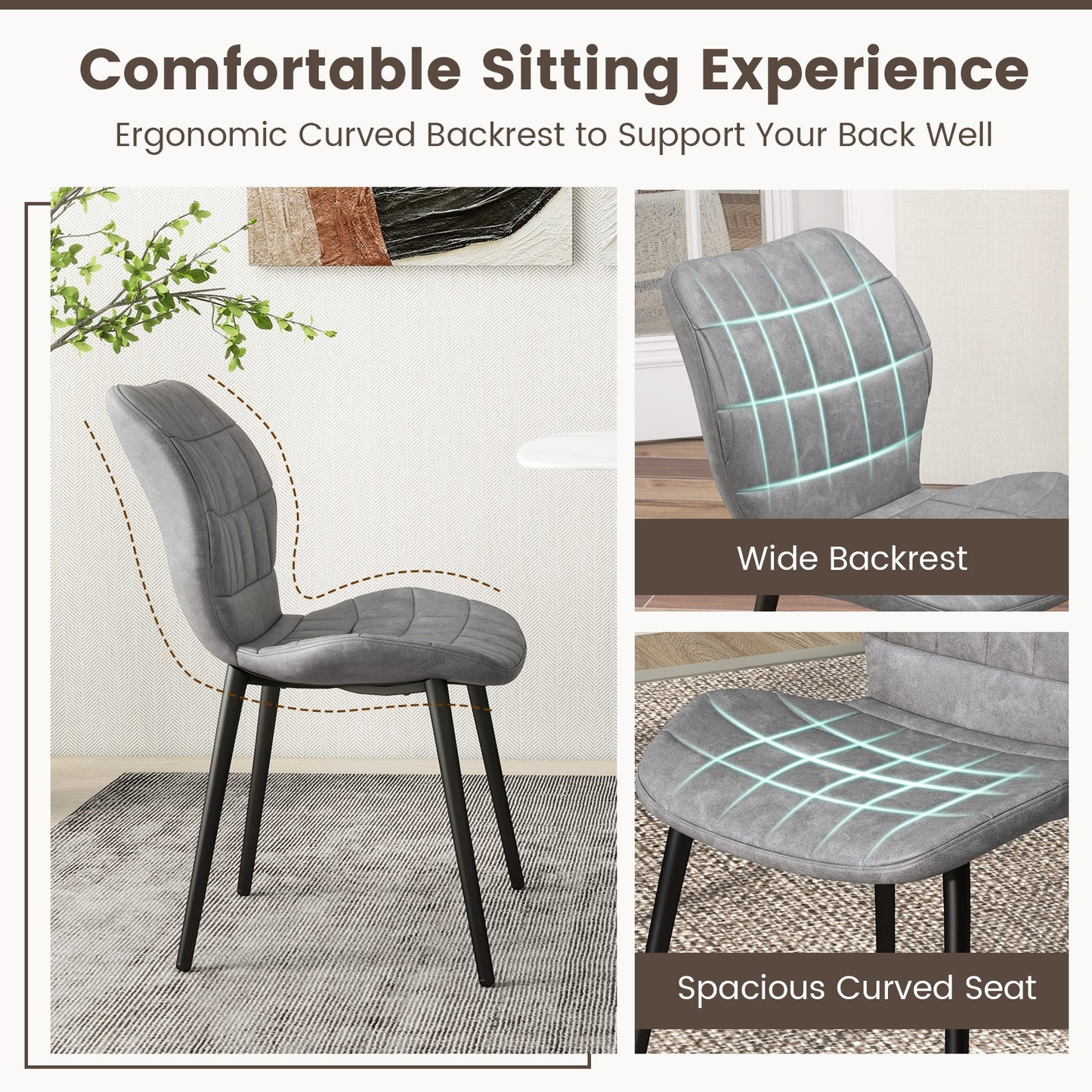 Modern Dining Chairs with Padded Backrest Metal Legs and Adjustable Foot Pads in Grey Set of 2