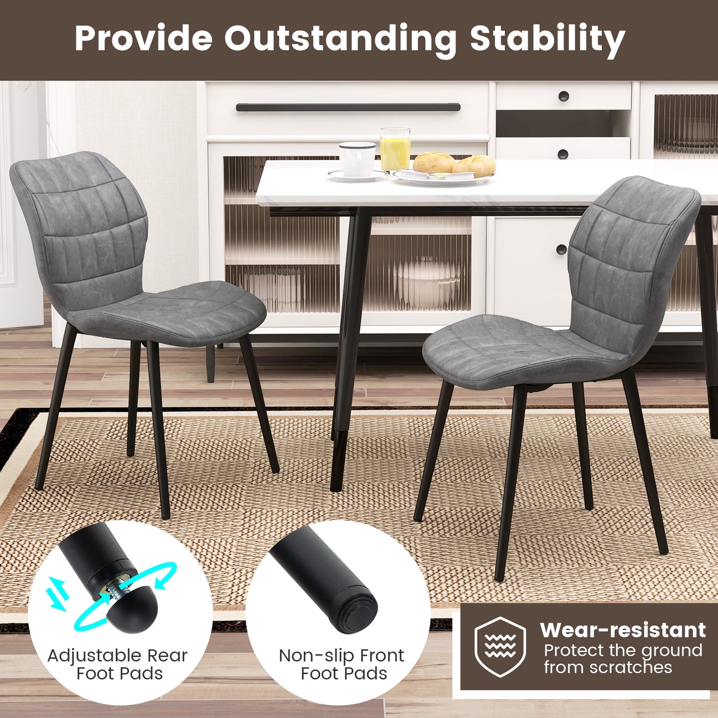 Modern Dining Chairs with Padded Backrest Metal Legs and Adjustable Foot Pads in Grey Set of 2