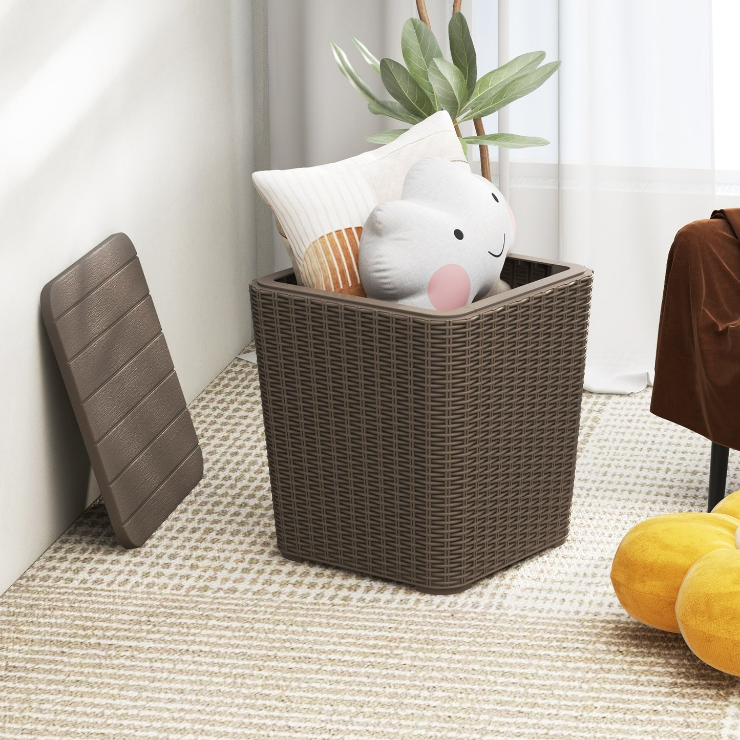All-Weather Resin Outdoor Storage Side Table with Wicker Texture and Removable Wood-Look Lid - Brown