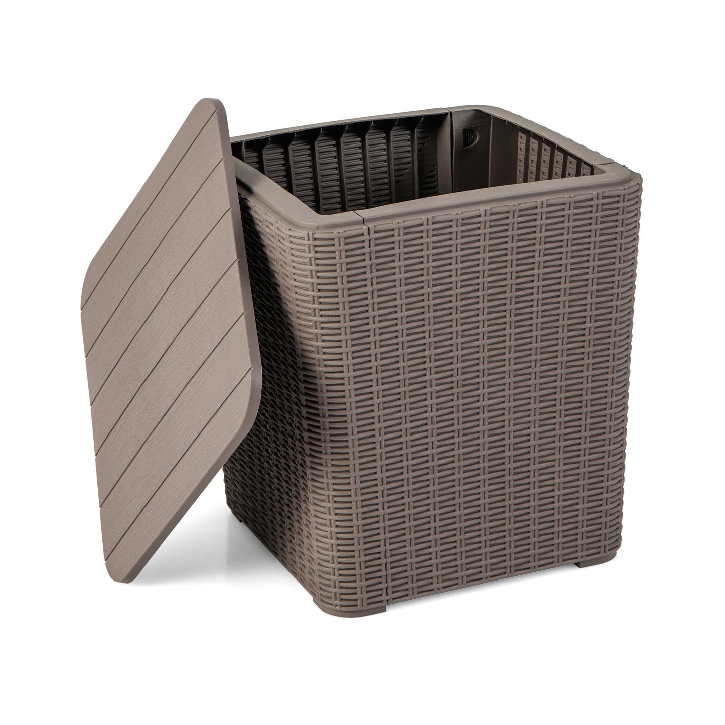 All-Weather Resin Outdoor Storage Side Table with Wicker Texture and Removable Wood-Look Lid - Brown