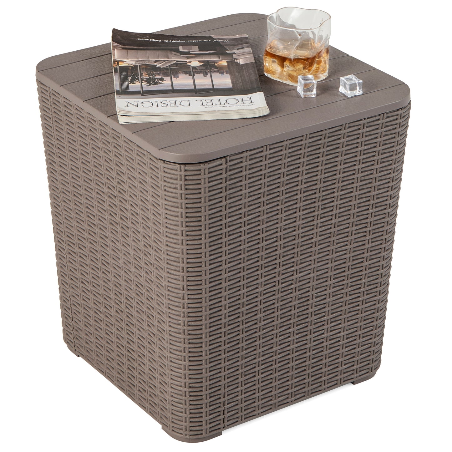 All-Weather Resin Outdoor Storage Side Table with Wicker Texture and Removable Wood-Look Lid - Brown