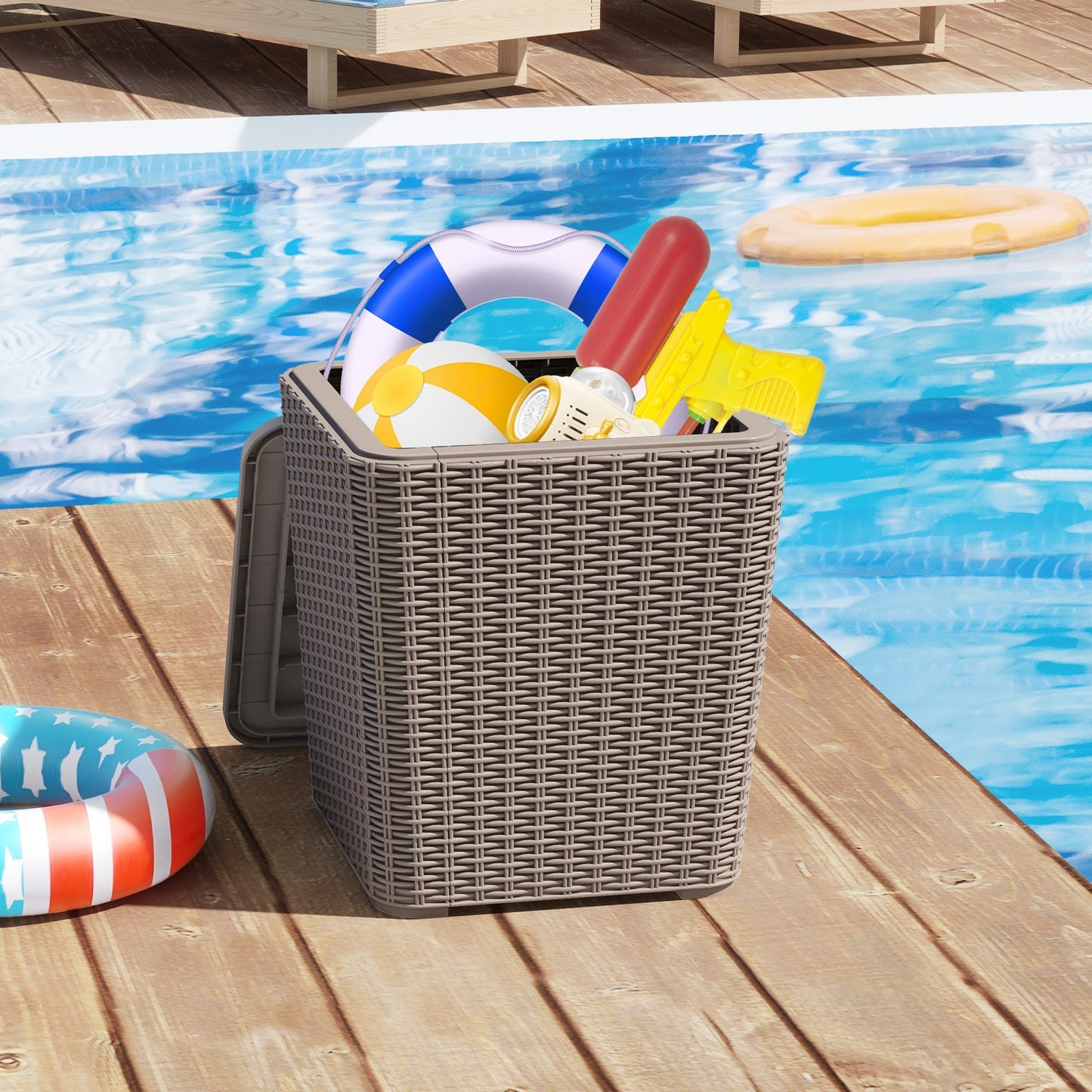 All-Weather Resin Outdoor Storage Side Table with Wicker Texture and Removable Wood-Look Lid - Brown