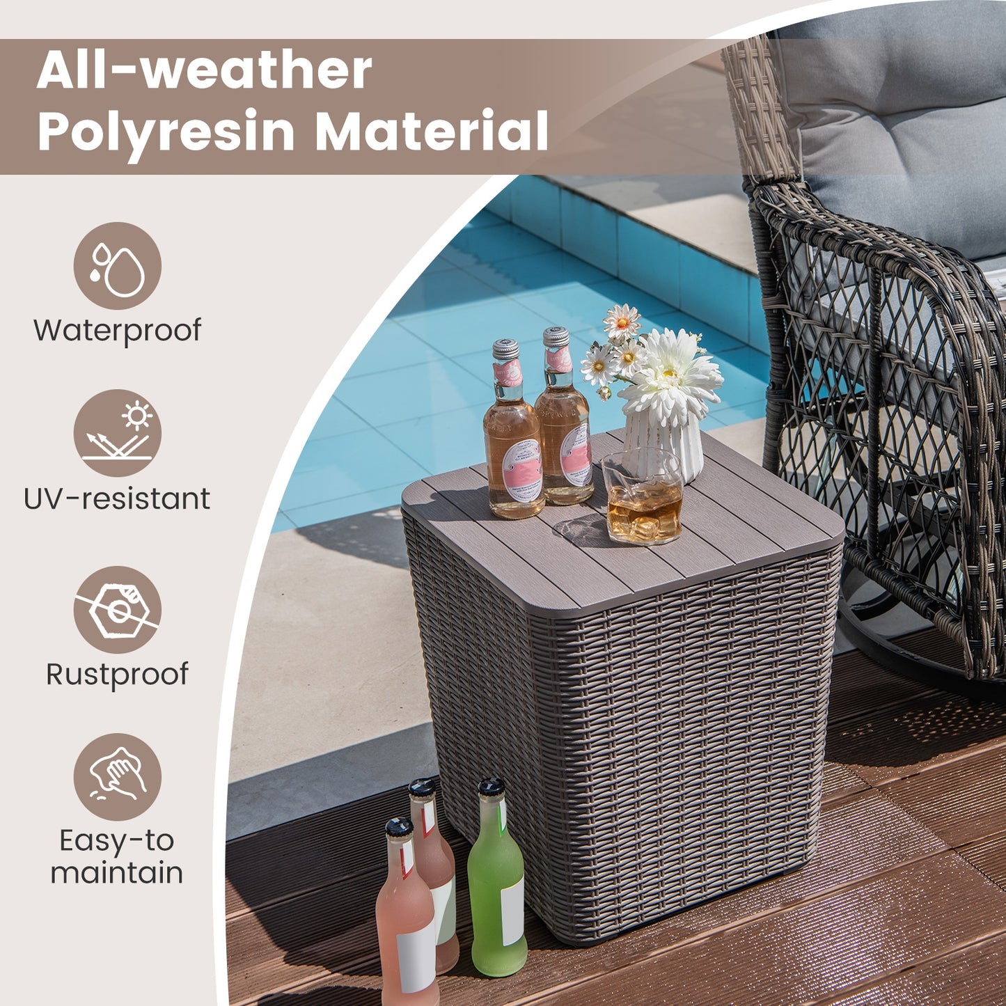 All-Weather Resin Outdoor Storage Side Table with Wicker Texture and Removable Wood-Look Lid - Brown