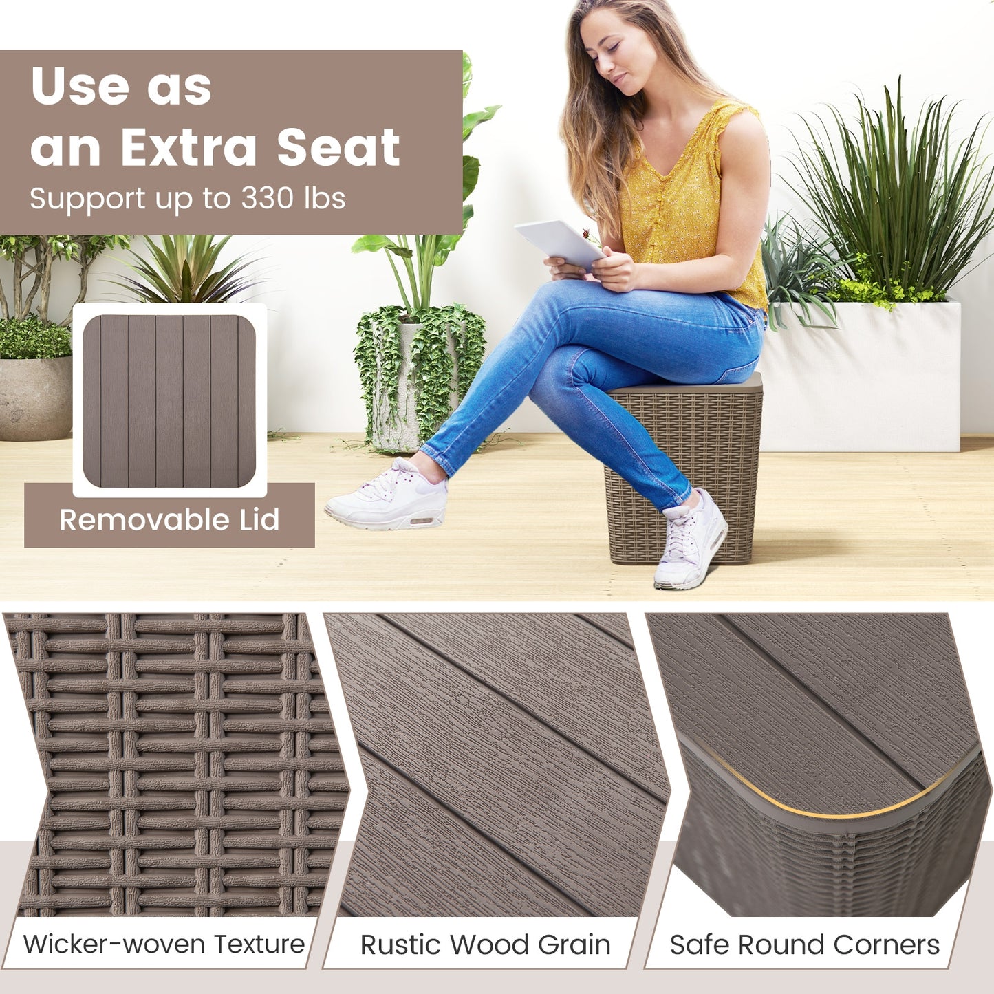 All-Weather Resin Outdoor Storage Side Table with Wicker Texture and Removable Wood-Look Lid - Brown