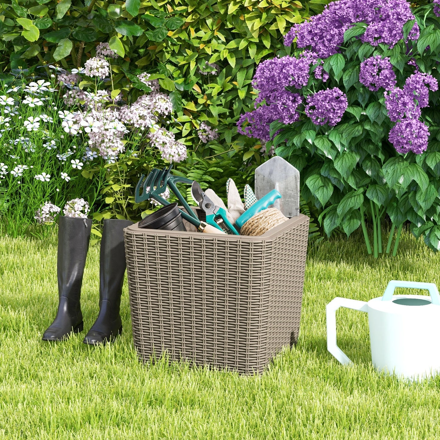 All-Weather Resin Outdoor Storage Side Table with Wicker Texture and Removable Wood-Look Lid - Brown